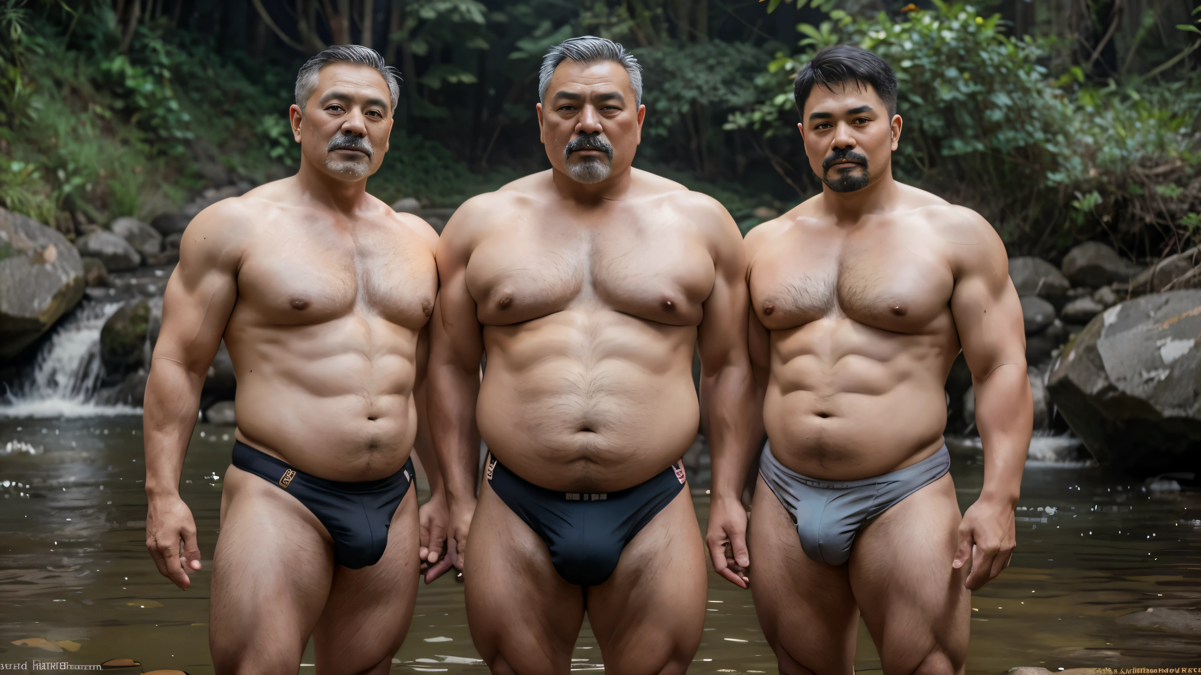 2 big Vietnamese grandfathers with gray hair, face, a thick mustache, a short chin beard, bear body, wearing a massive bulging gray jockstrap standing close together at the stream, have belly, big muscular chest, a sexy p, show full body