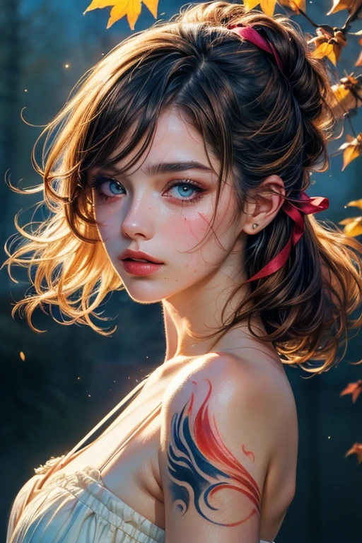 (8k, best quality, masterpiece:1.2),(best quality:1.0), (ultra highres:1.0), watercolor, a beautiful woman, shoulder, hair ribbons, by agnes cecile, half body portrait, extremely luminous bright design, pastel colors, (ink:1.3), autumn lights