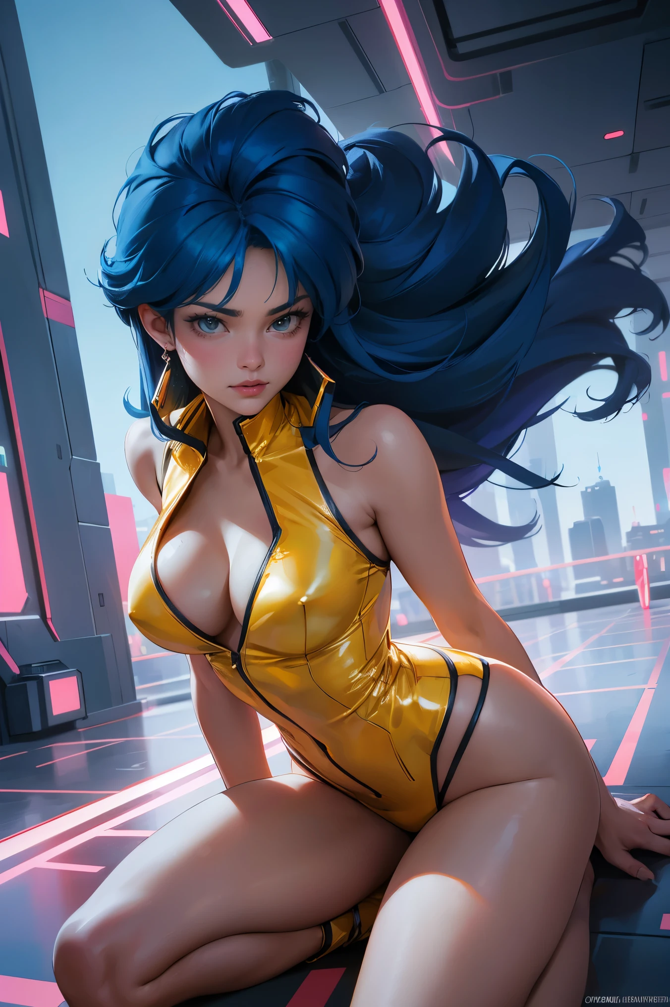 (best quality:1.2,highres,ultra-detailed), detailed face and body of Yuri from The Dirty Pair, stunning Asian beauty, expressive brown eyes, luscious lips, long flowing blue hair, (skimpy yellow outfit), (revealing cleavage), confident and sexy pose, (cyberpunk-inspired city background), neon lights illuminating the scene, vibrant colors, (futuristic and edgy atmosphere), stylish and sleek architecture, dynamic angles and composition, (sci-fi and anime fusion), perfect beauty