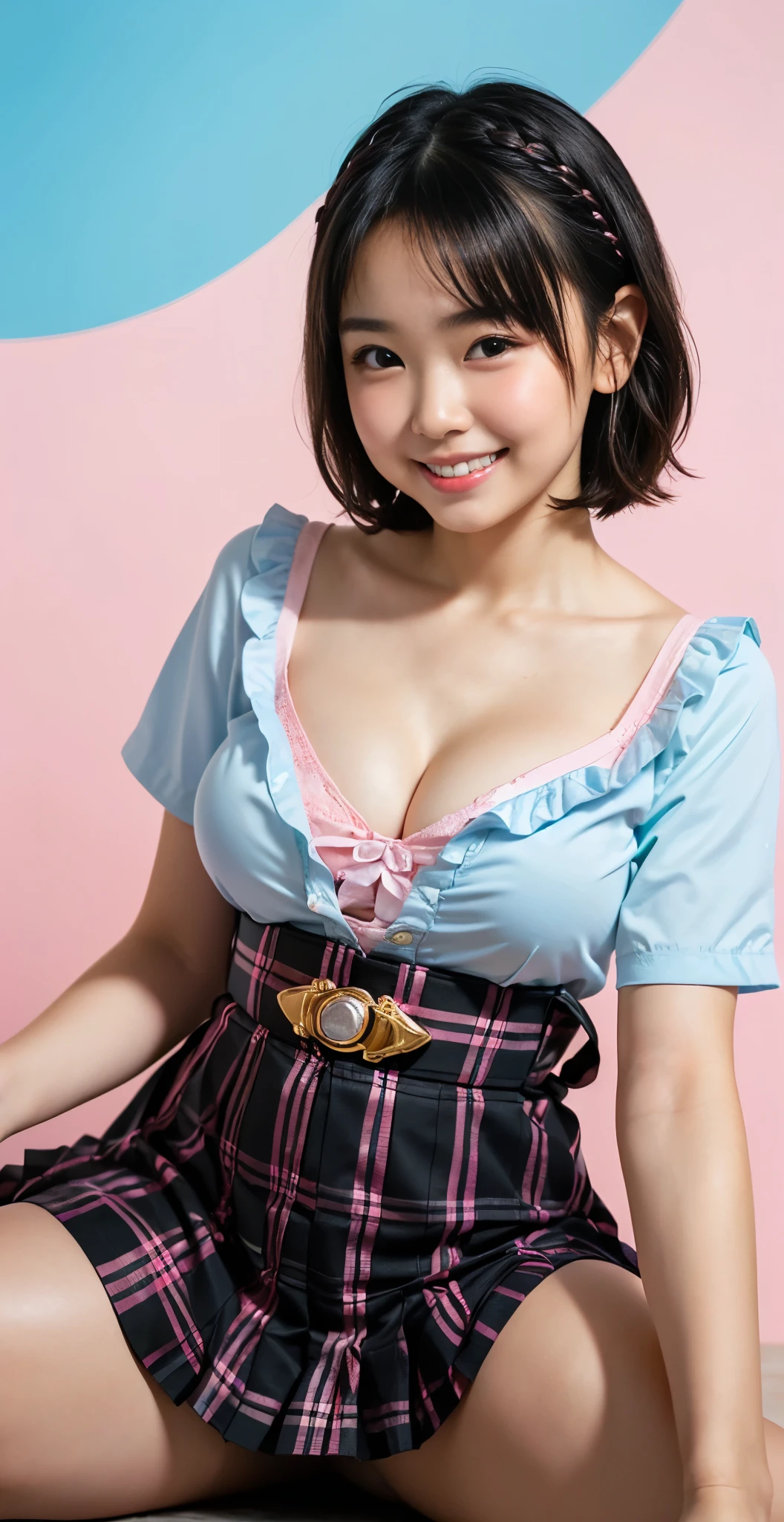 (8K、Raw photography、highest quality、masterpiece:1.2),(black haired、very short hair:1.8),(twin mitsu braid:1.4)、show viewer,Looking at the front,erotic,白いskin,(Bishoujo Sentai、She is wearing a shiny pink ranger costume 。.:1.7)、()、(Clothing that emphasizes the shape of your chest、publish one'skin:1.8)、(big breasts :1.4)、slim body shape、ultra high resolution,beautiful,beautiful fece,(alone、no background:1.9),whole bodyボディー,japanese woman,(Photoreal:1.37)、photon mapping,reality、(-faced and cute: 1.1)、(cute smile: 1.7)、(With a round face: 1.7)、radio city、Physically based rendering、depth of field rally background、photograph, (I can see your knees,plaid skirt、spread your legs wide、close up of thighs:1.6),whole body、super fine