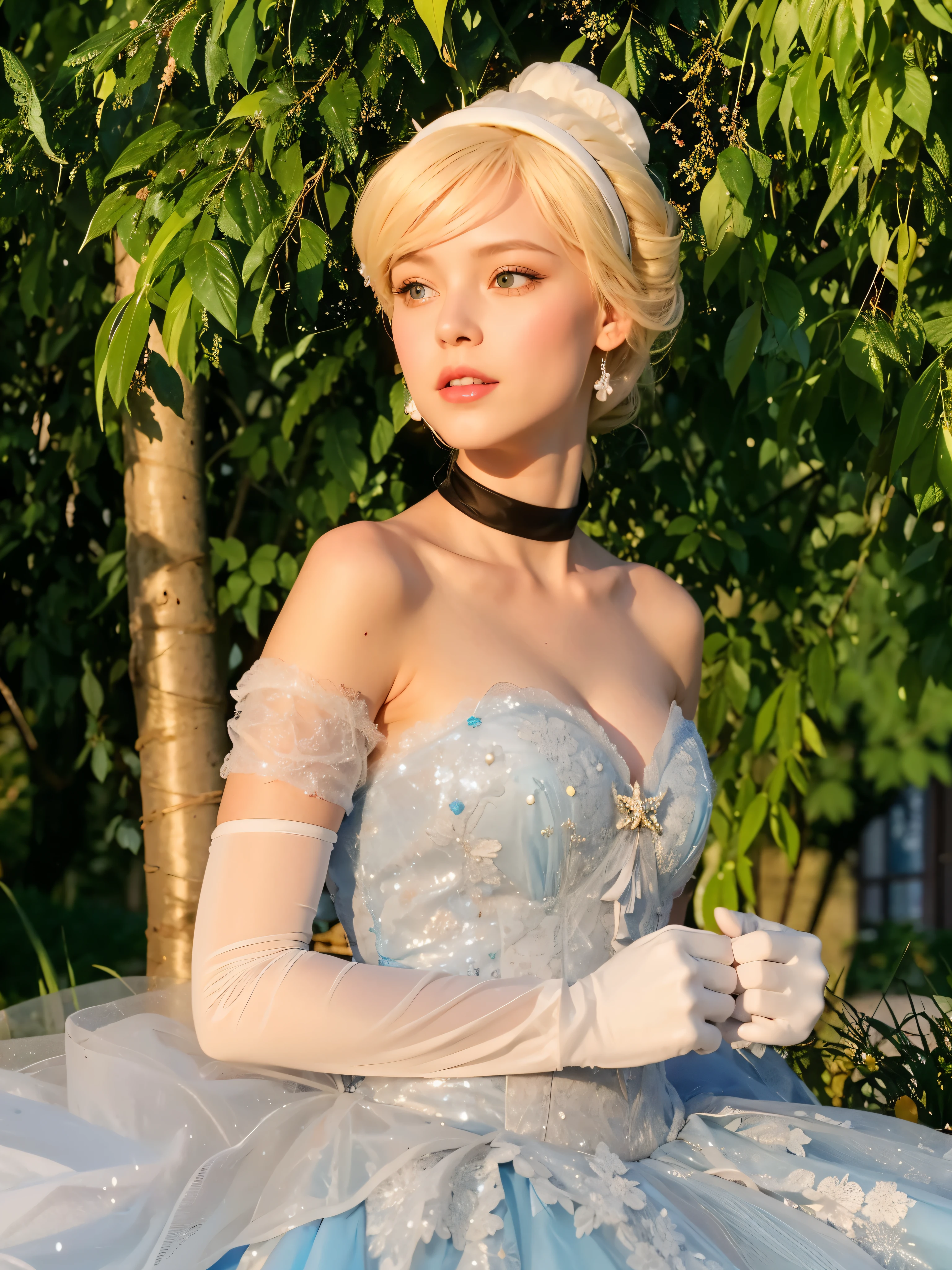 Arape taking a photo wearing a blue dress and white gloves, elegant and attractive , Cinderella, blonde hair princess, charming princess, Disney-inspired songs, Beautiful female princess, Disney-inspired songs, Detailed dress and face, disney character style, princess in the foreground, elegant and graceful, costumed, elegant elsa