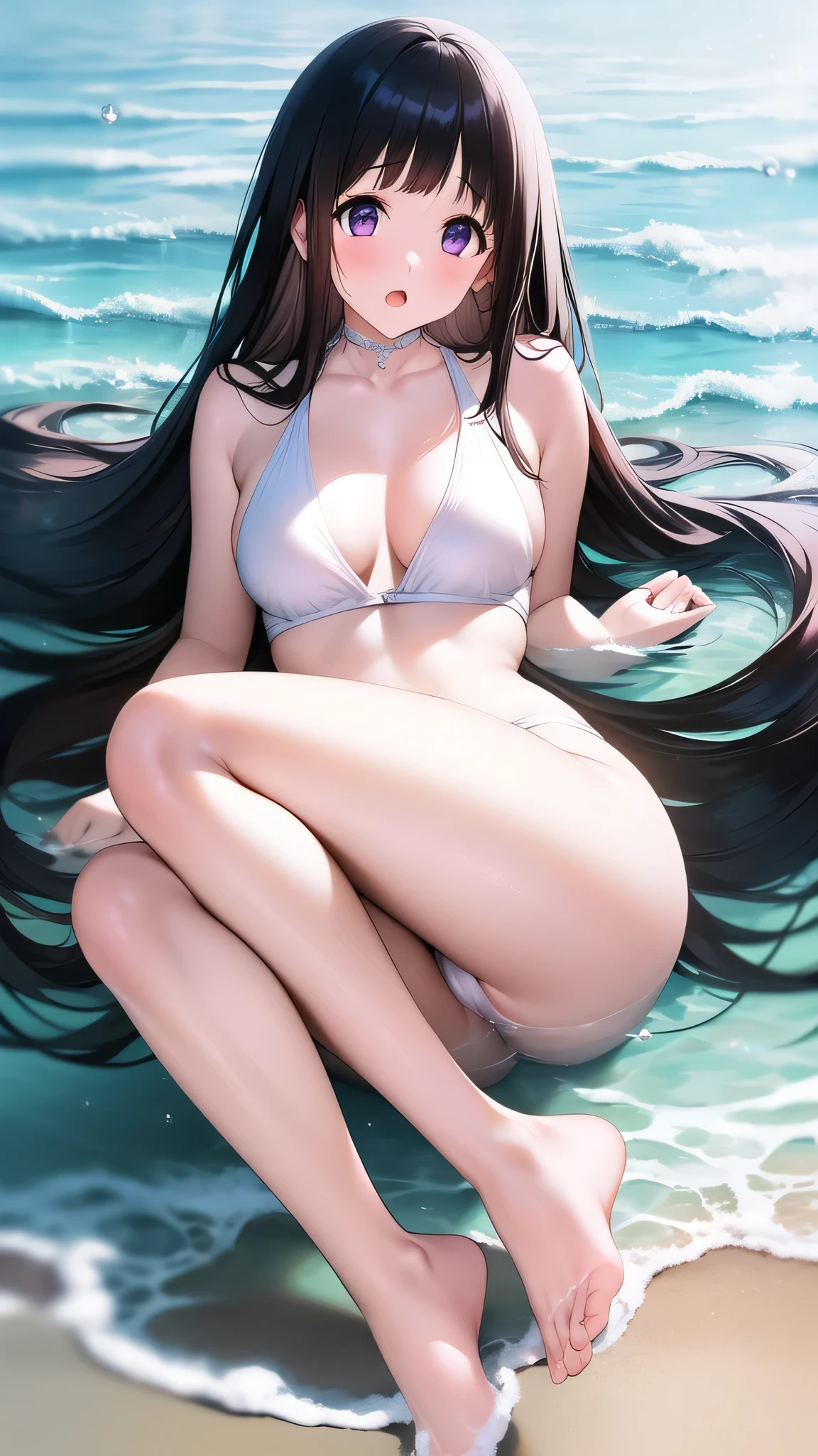 The stunning Chitanda Eru, purple eyes, black hair, Naturally straight hair, straight bangs, extremely refined, a girl,adult face,Open your mouth slightly,flowing long hair,Peerless beautiful girl, dreamlike,Slim,soft, (Sensual), (kawaii), dream quality,white bikini,at the seaside,wear clothes,Back,Water droplets on the thighs,,bright light,bare neck,naked ass,bare shoulders,Clavicle exposed,bare breasts,Bare thighs,bare toes,camel toe,snow white skin, delicate face, thin waist, soft curves, Real light and shadow, Super fine, 4K, move naturally, ultra high resolution, (masterpiece:1.2, best quality), (Exquisite and beautiful eyes: 1.2), (Beautiful and delicate face)