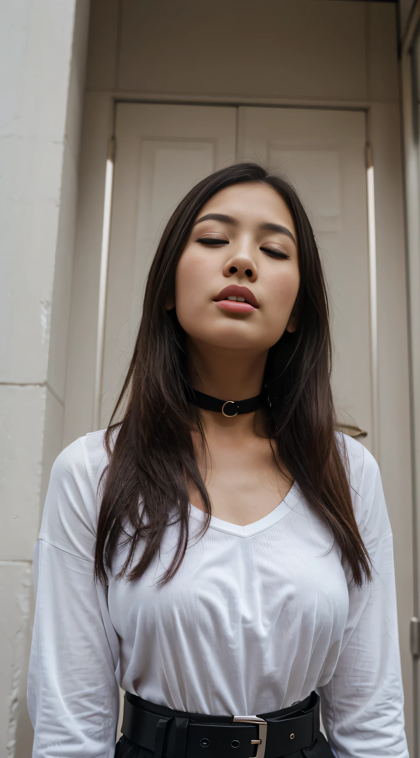 an indonesian young women, (bitting her lower lip while closing her eyes, furrowed his eyebrows, face facing upwards). wearing black tsirt, Choker belt. white Modern Architecture background.