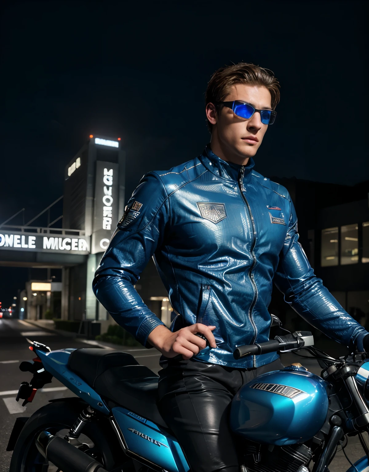 (absurdres, highres, ultra detailed), 1 male, high School, handsome, tall muscular guy, broad shoulders, finely blue detailed eyes, secret agent, motorcycle, goggles, holographic, black jacket, intense run, speed, night city, (dutch angle), closed mouth