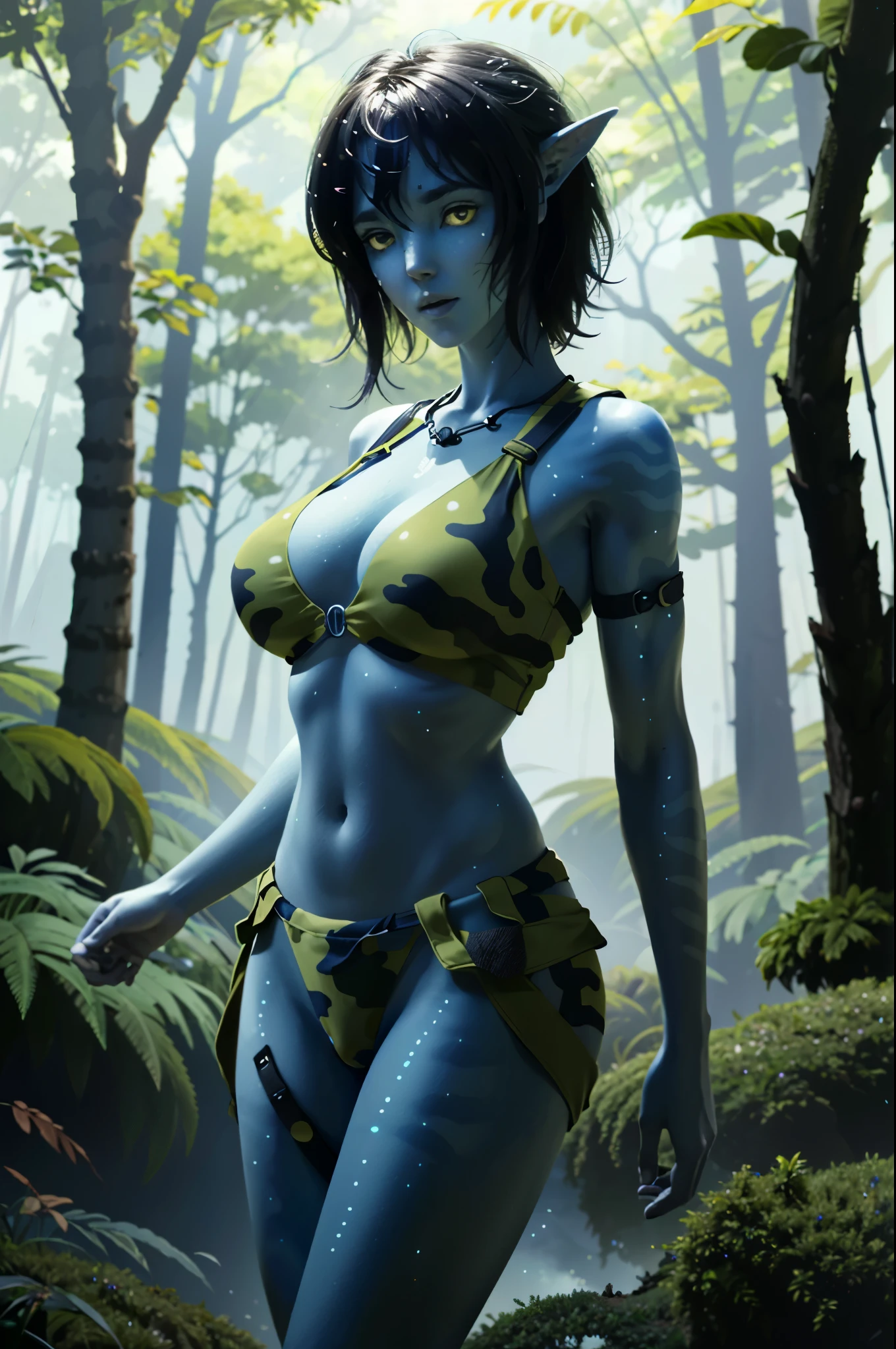 ((ultra detailed, masterpiece, absurdres))
 AvKiri, 1girl, deep blue skin, yellow eyes, black hair, short hair, portrait, huge round breasts, in the forest, army, wearing adventurer suit, camoflage, exploration, crop top, bra, massive breasts, military material, bioluminescence, bioluminescent dots on the skin