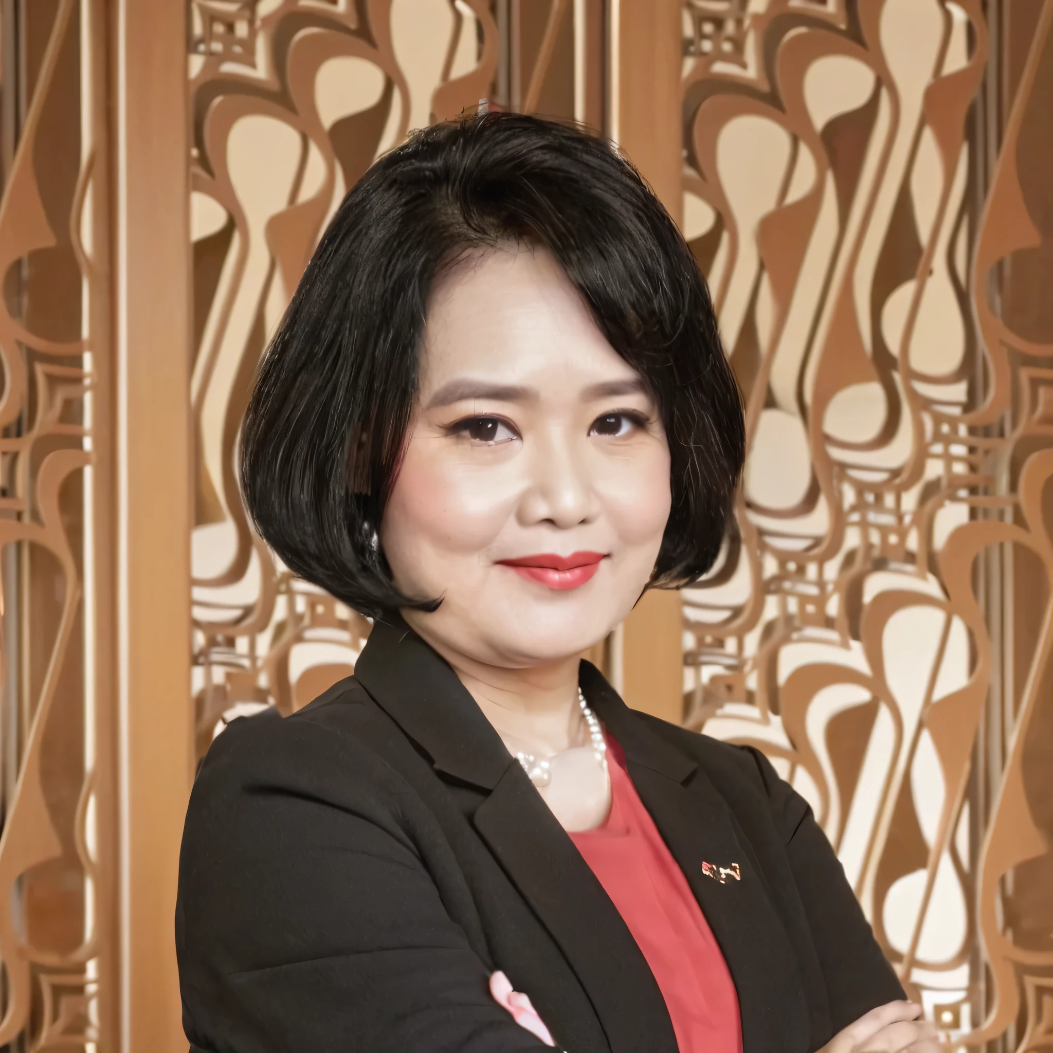 an endomorph  60 years  chubby old indonesian lady with  medium  bob hair, wearing a formal shirt, black blazer, red t-shirt, black pants, and a pearl necklace. She is standing looking  at the camera in a busy office office space, with a medium close-up centered angle, shallow depth of field, warm lighting, softbox lighting from the front, creating a creative mood.