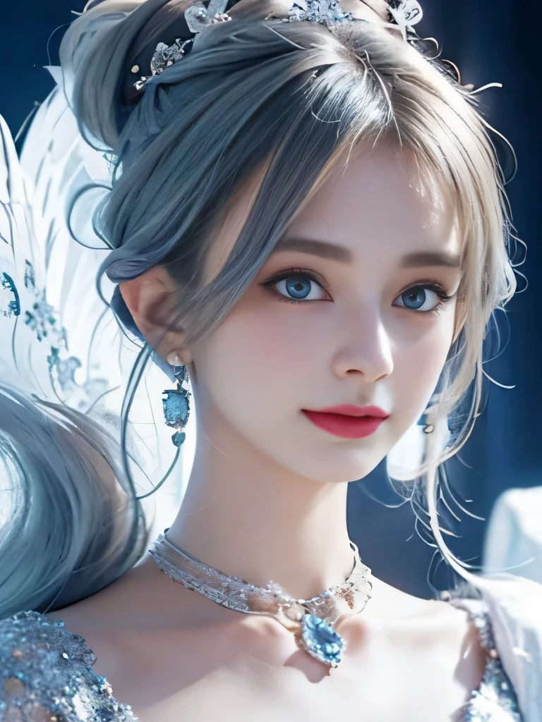 ４K、she is a wind fairy、angel wings on the back、blue eyes、Dress that shows your collarbones、blue sky background、close up of face、gray hair、big feathers、Blue and white background、platinum decoration、platinum earrings、platinum necklace、Platinum Silver Hair、platinum silver eyebrows、flashy decoration、random hairstyle、white and blue、smile、clear white skin、well-groomed face、8K、ponytail、