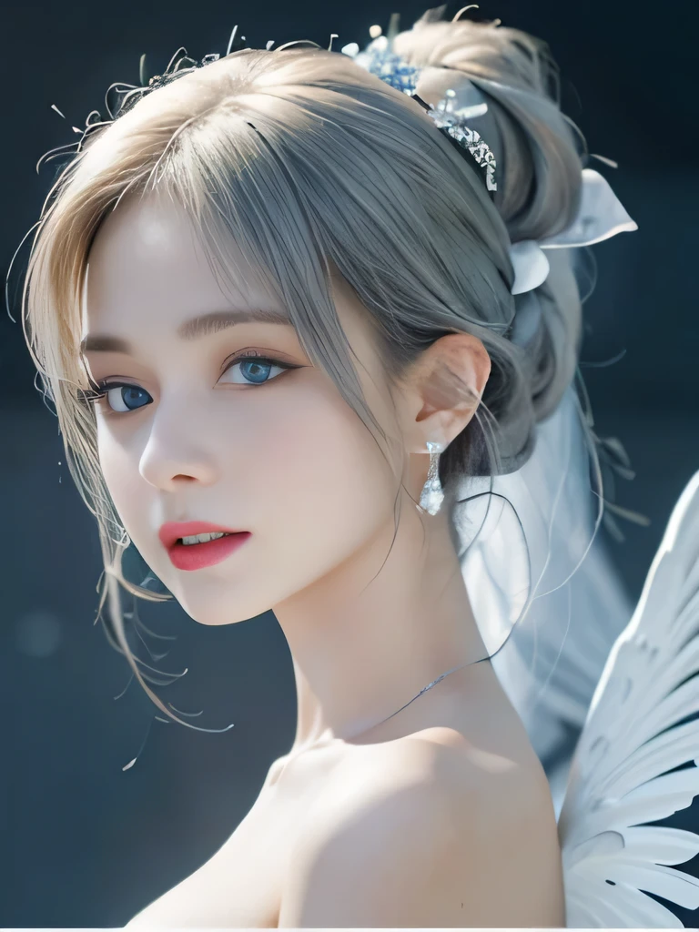 4K、she is a wind fairy、angel wings on the back、blue eyes、Dress that shows your collarbones、blue sky background、close up of face、gray hair、big feathers、Blue and white background、platinum decoration、platinum earrings、platinum necklace、Platinum Silver Hair、platinum silver eyebrows、flashy decoration、random hairstyle、white and blue、smile、clear white skin、well-groomed face、8K、ponytail、