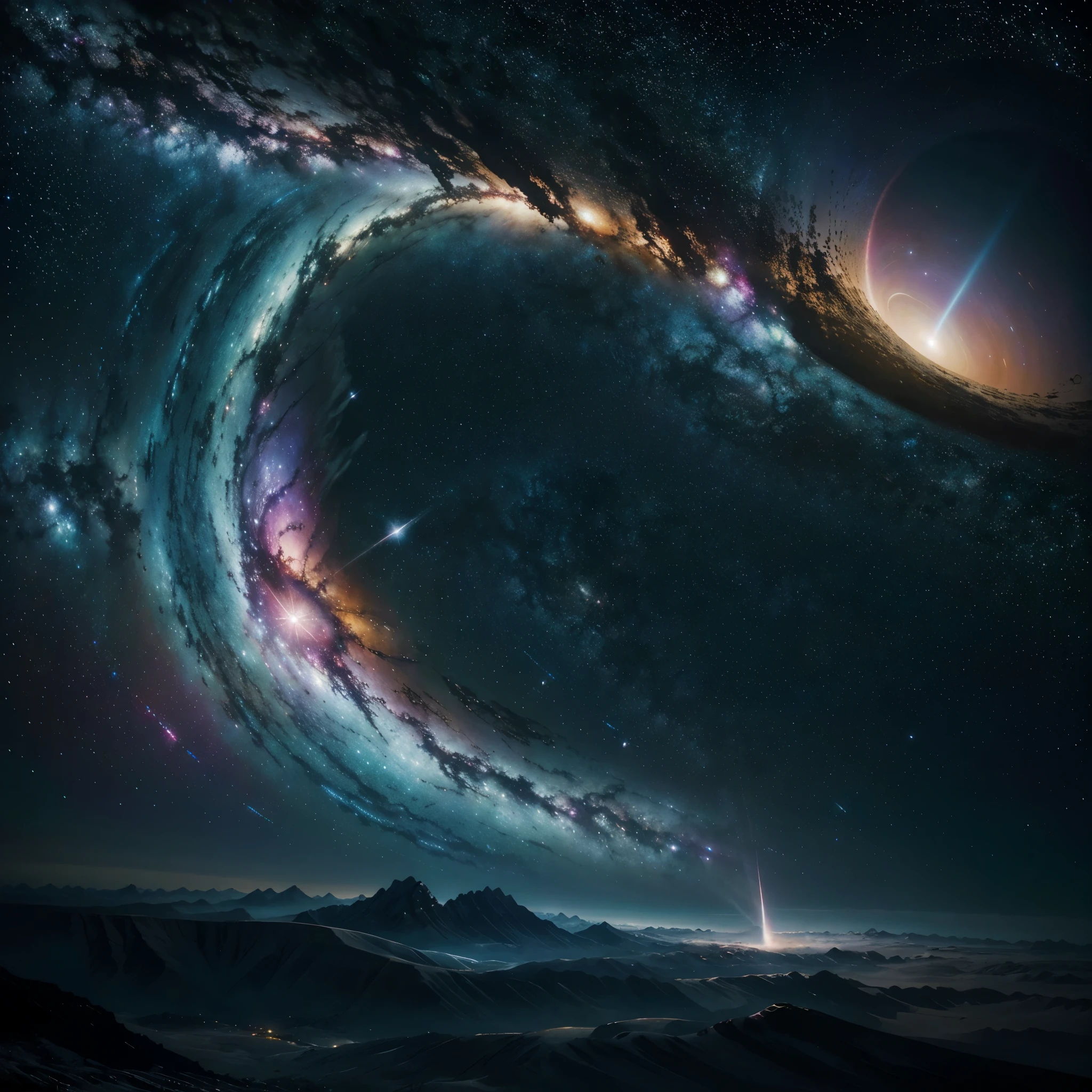 Crie uma paisagem espacial surrealista, where a spiral galaxy dominates the cosmic horizon, with vibrant colors and scattered star haze. Adicione planetas distantes, some with shiny rings, e uma variedade de estrelas cintilantes, forming a stunning scene worthy of galactic wallpaper for a vertical wallpaper