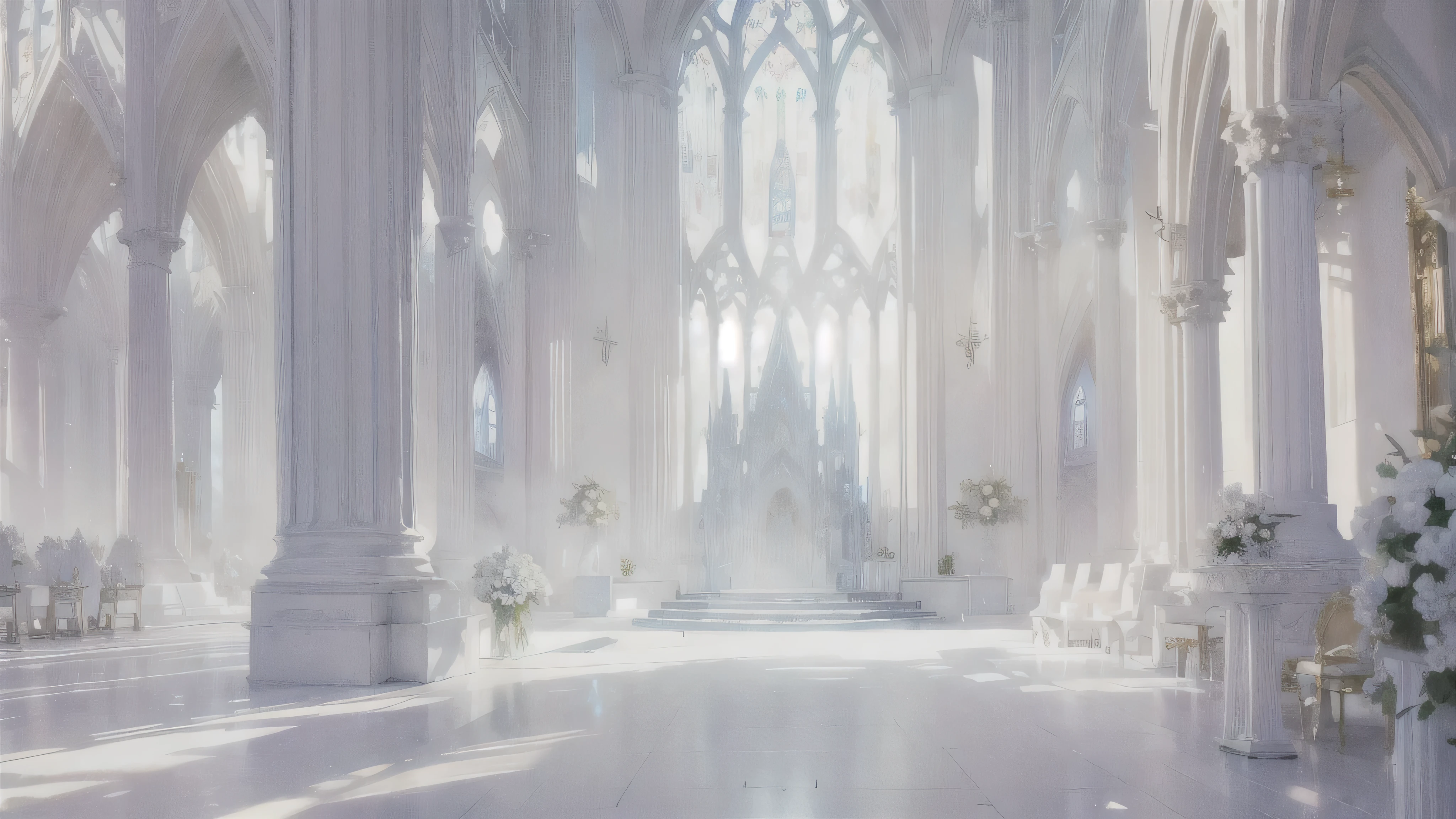 There is a light blue and white room，There are many white flowers and candles inside, cathedral background, Background of the Kingdom of Light, Fairy tale style background, palace background, Crystal room, ethereal realm, Stunning mysterious background, ethereal fairy tale, interior background art, ethereal light, Beautiful fairy tale rendering, Generous and beautiful details, white church background, magical atmosphere + masterpiece, magical environment