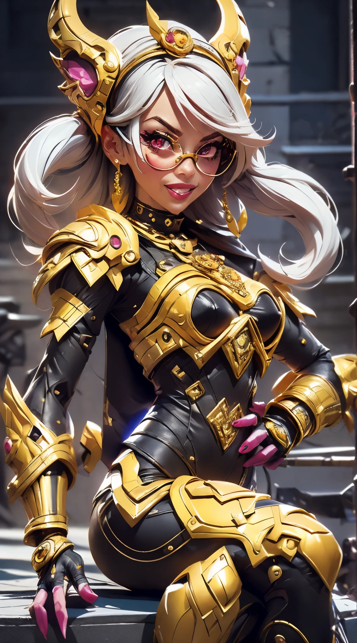 A fantz monster design, Cute robots in space [style-rustmagic]，female robot，Half-human, tmasterpiece，（tmasterpiece，top-quality，best qualityer），1girll， jewely， long whitr hair， Golden hair，Black color hair，Silvery-white hair，Maroon hair， solo， 耳Nipple Ring， ssmile， motorvehicle， choker necklace， sun glasses， looking at viewert， bangle， The Car， A plant， high-waist pants， groundvehicle， Sat down， exteriors， daysies， nedium breasts，Open navel， The shirt， dark skinned female， Colored glasses， longer sleeves， buliding， Dark  skin，， parted lip， hoop earings， circle glasses， Estampados florales， choker necklace，grinning smile，a black choker，collars，Laser cloth，Sexy bikini，holy rays，gold foil，Gold leaf art，glitter drawing，Correct anatomy，Detailed face, Detailed eyes，Blindfolds，Cat hat，