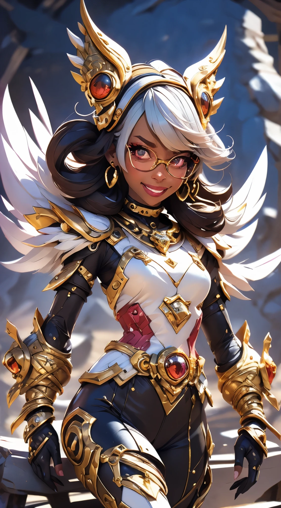 A fantz monster design, Cute robots in space [style-rustmagic]，female robot，Half-human, tmasterpiece，（tmasterpiece，top-quality，best qualityer），1girll， jewely， long whitr hair， Golden hair，Black color hair，Silvery-white hair，Maroon hair， solo， 耳Nipple Ring， ssmile， motorvehicle， choker necklace， sun glasses， looking at viewert， bangle， The Car， A plant， high-waist pants， groundvehicle， Sat down， exteriors， daysies， nedium breasts，Open navel， The shirt， dark skinned female， Colored glasses， longer sleeves， buliding， Dark  skin，， parted lip， hoop earings， circle glasses， Estampados florales， choker necklace，grinning smile，a black choker，collars，Laser cloth，Sexy bikini，holy rays，gold foil，Gold leaf art，glitter drawing，Correct ???????，Detailed face, Detailed eyes，Blindfolds，Cat hat，