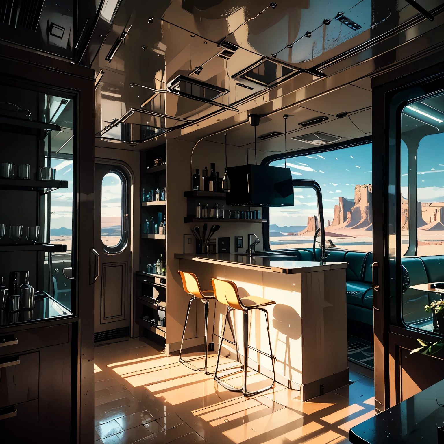 (Masterpiece, High Quality, Realistic Image), Open plan living room and kitchen in a spaceship (1.5), Vintage furniture next to a large window (1.0), Bar à cocktails, Aesthetic design, Diner setting, View of Tatooine's landscape (1.0), Dark type film Blender-inspired, Stunning visual, Tatooine's distant mountains (1.5), Control panel and lighting system (1.0), Airlock door (1.0), Visible cooling vents (1.0), Electric cables, Sleek and futuristic (1.5).
This masterpiece image presents a high-quality, realistic
