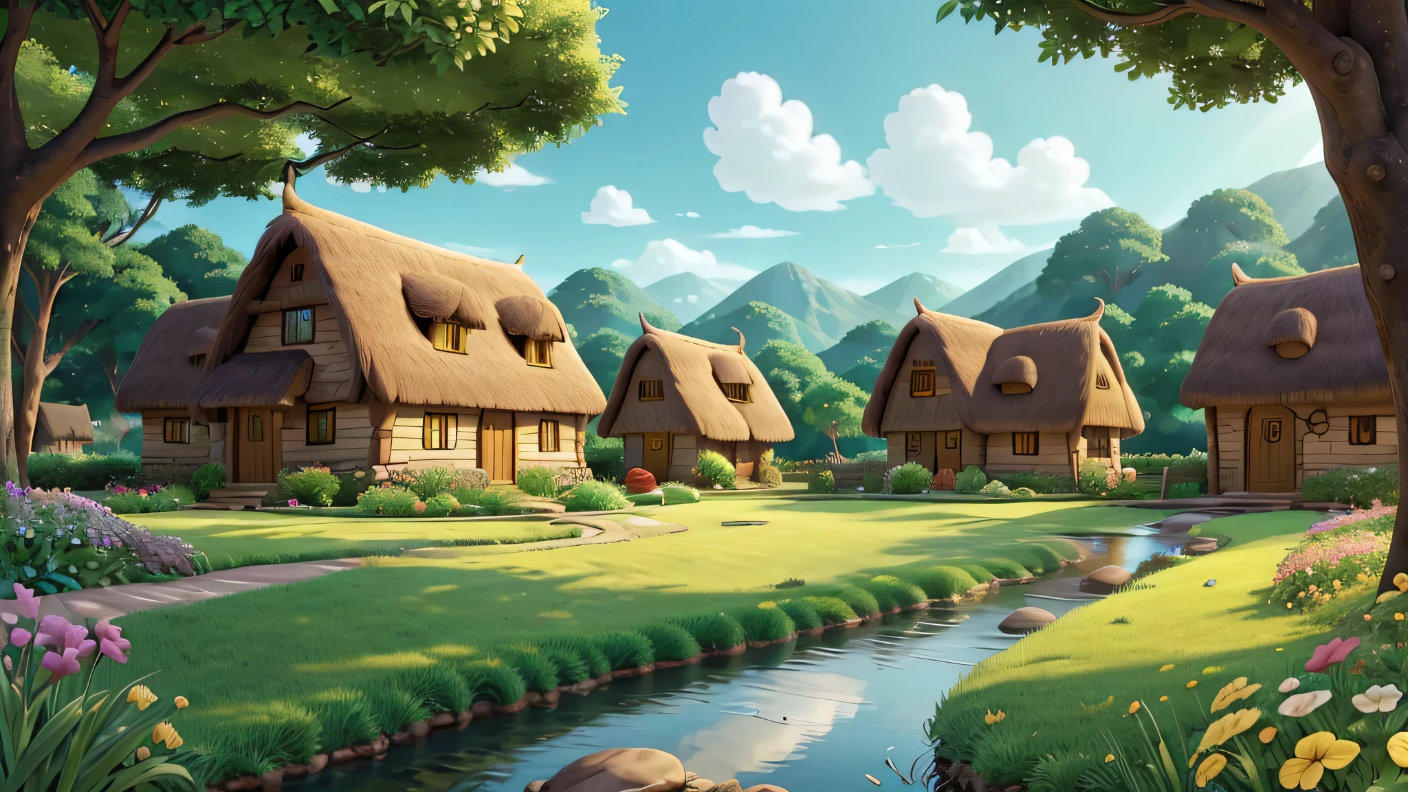 Behold, a mind-blowing beautiful village depicted in a 2D animation style reminiscent of Studio Ghibli's work. Picture lush greenery, quaint cottages with thatched roofs, winding cobblestone pathways, and a serene river flowing through the heart of the village. The color palette is warm and inviting, with soft pastel hues dominating the scene. Characters exhibit expressions of wonder and contentment as they go about their daily activities. The lighting is gentle, casting warm rays of sunlight that create a tranquil atmosphere.--v 5 --stylize 1000