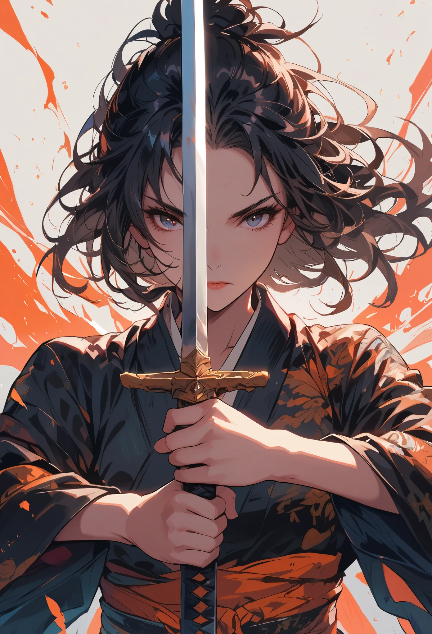 swordsman,1girl,black hair,holding,solo,sword,weapon,wings,holding sword with both hands,sword focus