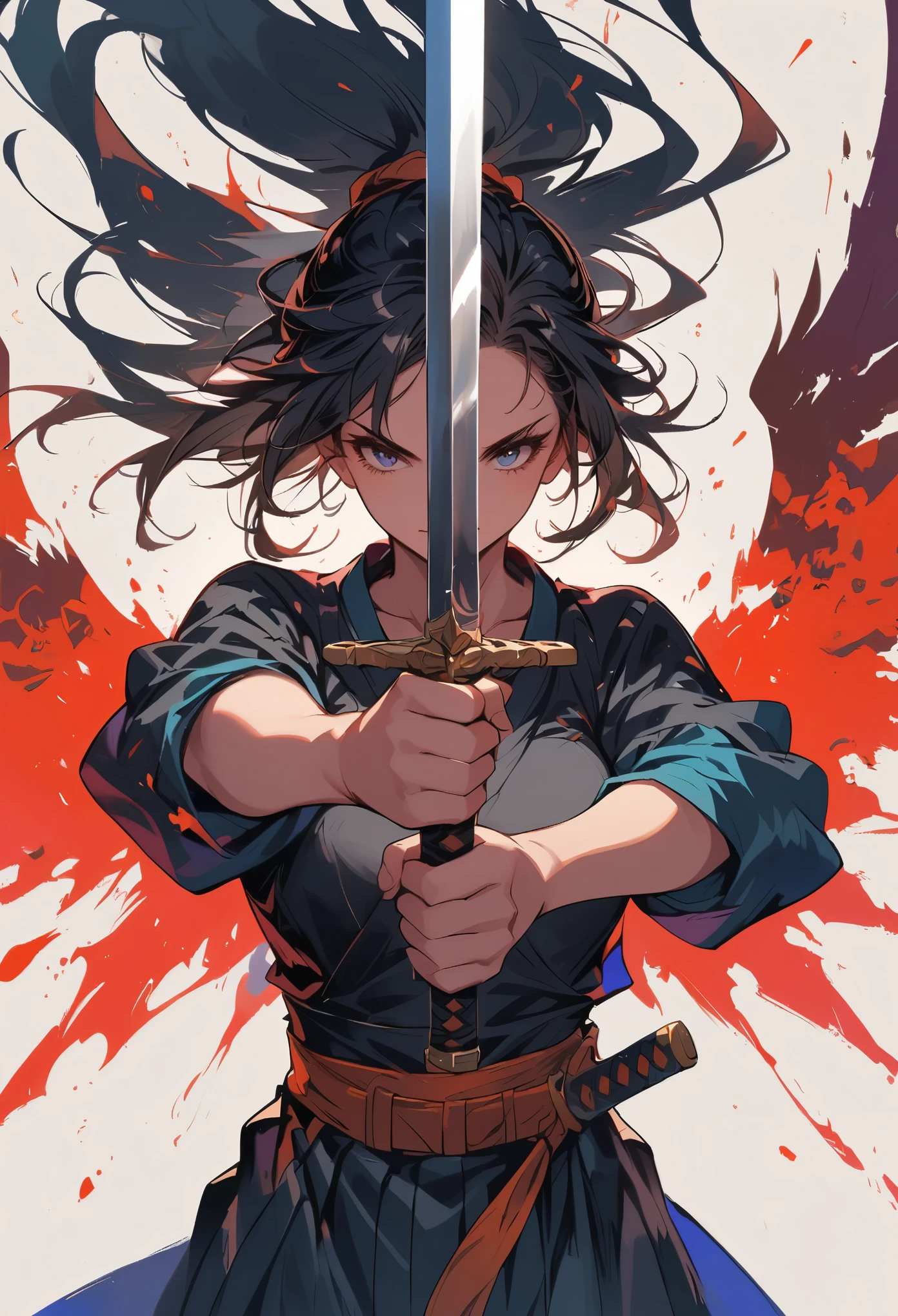 swordsman,1girl,black hair,holding,solo,sword,weapon,wings,holding sword with both hands,sword focus