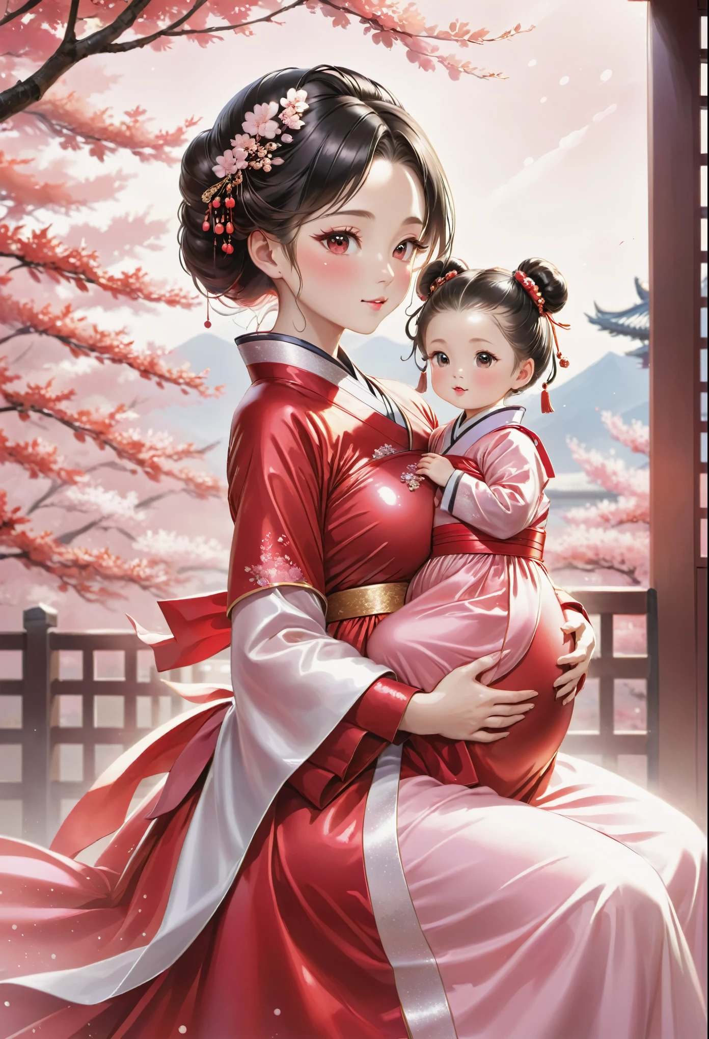 China　Princess　（儀modeで妊娠させられる）　pregnant woman　blush　　Functionality　shiny red long sleeve clothes　Hanbok　　milking　Mother　breast milk　child　mode