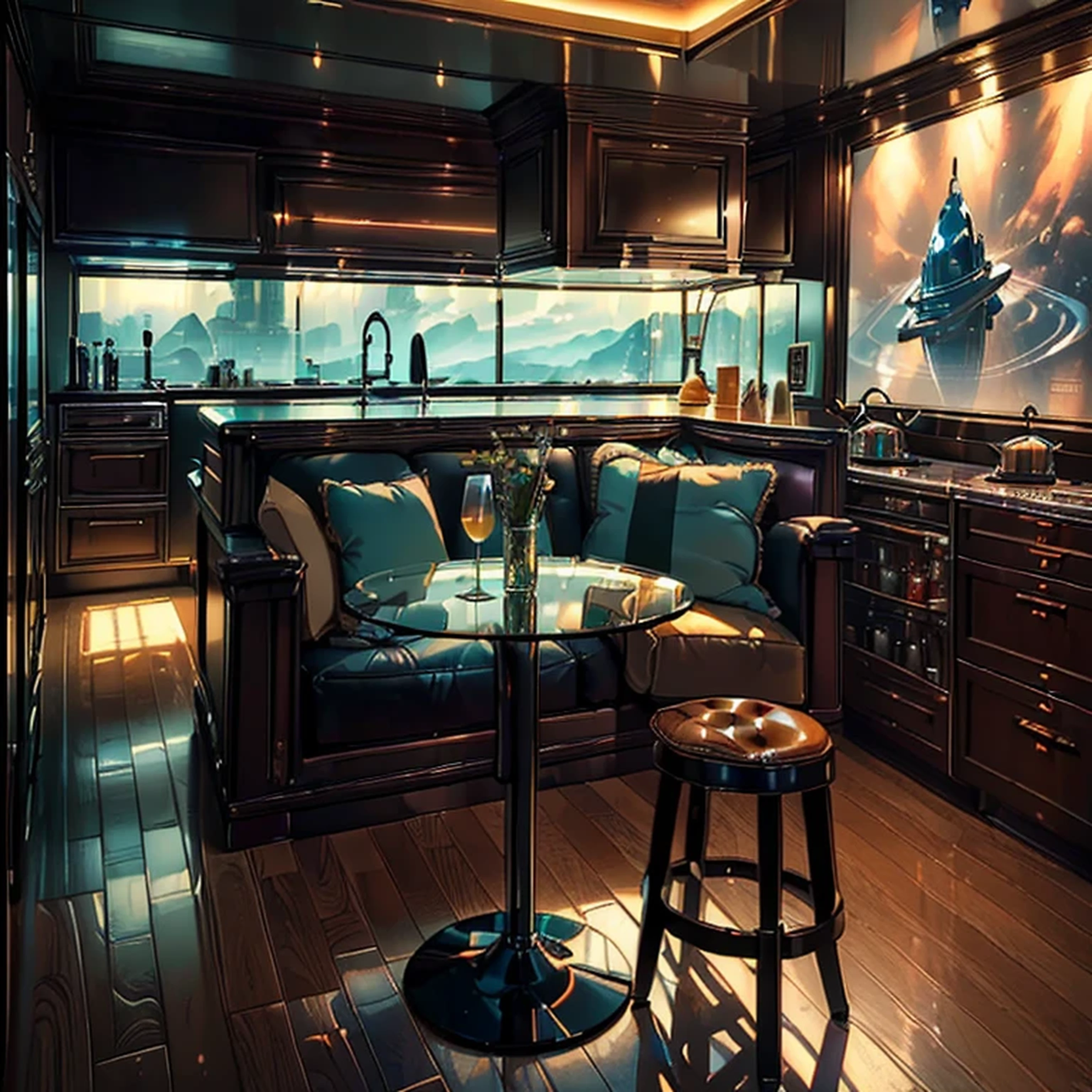 (chef-d'artwork, high quality, Living room and kitchen scene'Realistic space: 1.5), Creation d'an extremely detailed image of'un salon et d'un coin cuisine à aire ouverte dans un vaisseau spatial, filled with vintage furniture next to'une grande fenêtre offrant une vue imprenable sur le paysage de la planète Tatoine (1.5). Le design s'inspire du film de type sombre "coureur de lame" ((((chef-d'artwork, best quality, photo-realistic))), avec un bar élégant à cocktails, add to'aesthetic (nffsw, Fond d'8k screen, high resolution) and cinematic feel (anatomie parfaite, cinema lighting, Physique