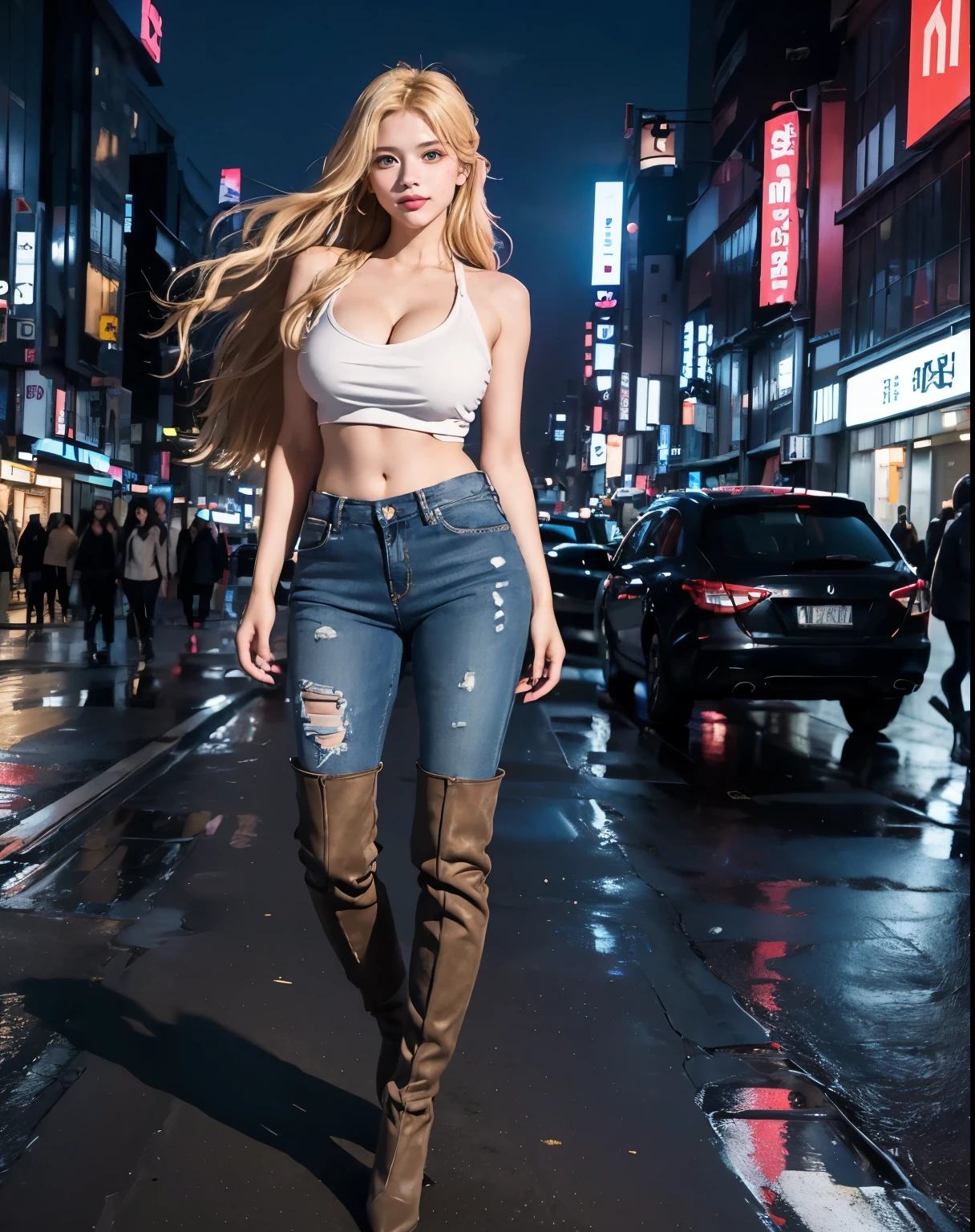 1girl, (Blue Eyes), (smiling), (Sana Minatozaki), wide hips, Big tits, big ass, (Best Quality, 8k, Masterpiece: 1.3), Clear Focus: 1.2, Perfect Body Beauty: 1.4, Highly detailed face and skin texture, detailed eyes, double eyelids, (blond long hair behind the ear :1.3), (cleavage tanktop), (jeans), ((long high heel boots)), standing, dynamic pose, in the shibuya neighborhood at night, tokyo at night, buildings with illuminated signs in the background