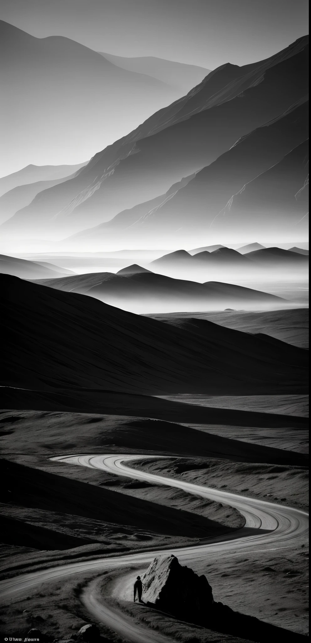 In the midst of a desolate and despairing landscape, Death wanders, clad in shadows and mystery. The image, captured in superior quality, showcases every raw detail of the scene - the jagged rocks, the eerie stillness of the valley, and the encompassing darkness that consumes the valley's every corner. The hues of the scene are somber and muted, adding to the bleak atmosphere. This Award-winning photograph, with its intricate details and hyper-realistic textures, presents a poignant image of Death's lonely journey through the valley of shadows. (Dark, Despair, Suicide, Death, Landscape, Superior Quality, Raw, Award-winning