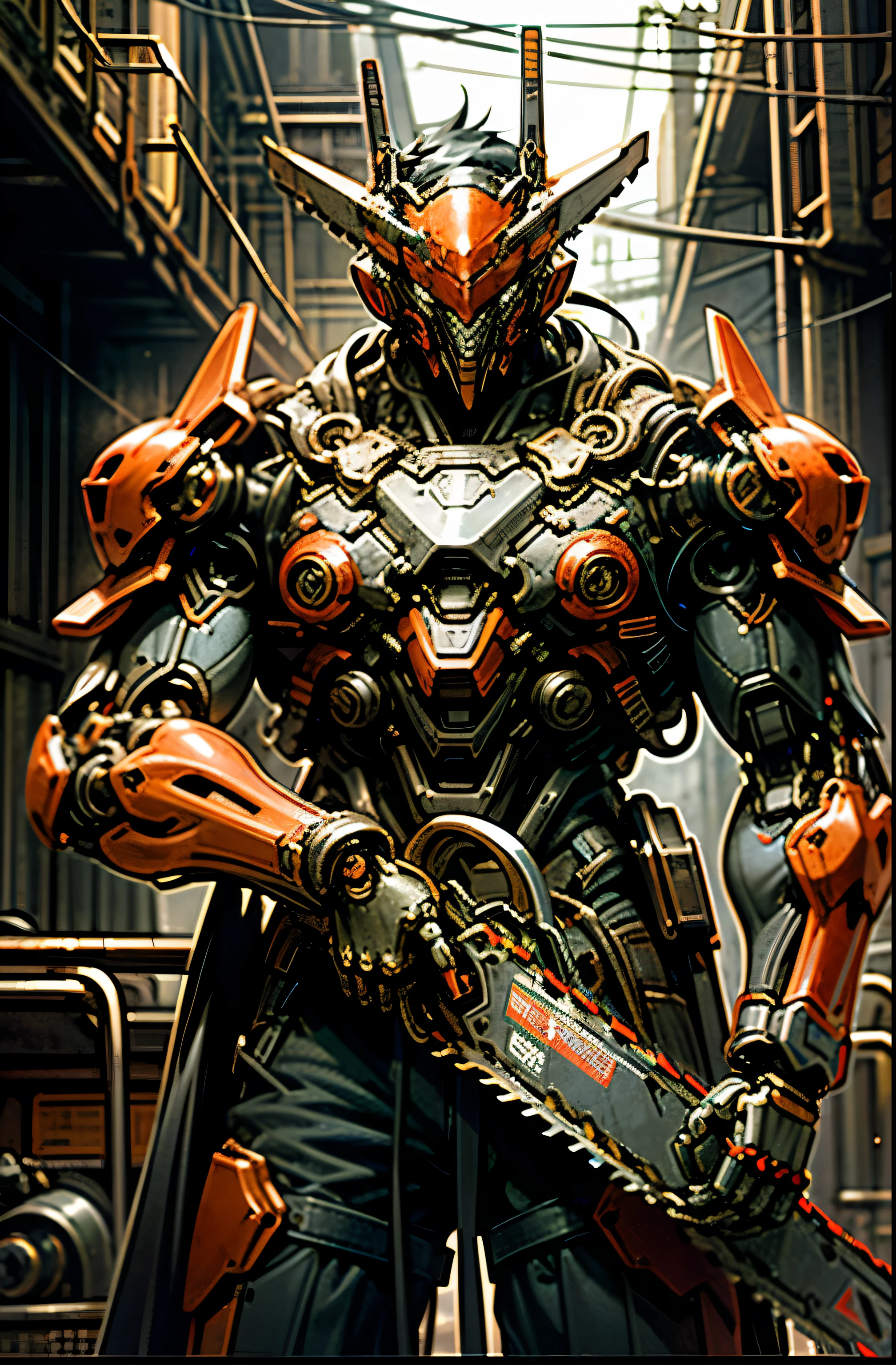 Dark_Fantasy,Cyberpunk,(chain saw,chain saw man,Red:1.1),1man,Mechanical marvel,Robotic presence,Cybernetic samurai, wearing a worn-out mech suit, intricate, (steel metal [rusty]), elegant, clear focus, shot by greg rutkowski, soft lighting, vibrant colors, masterpiece, ((street)), cowboy shot, dynamic pose,