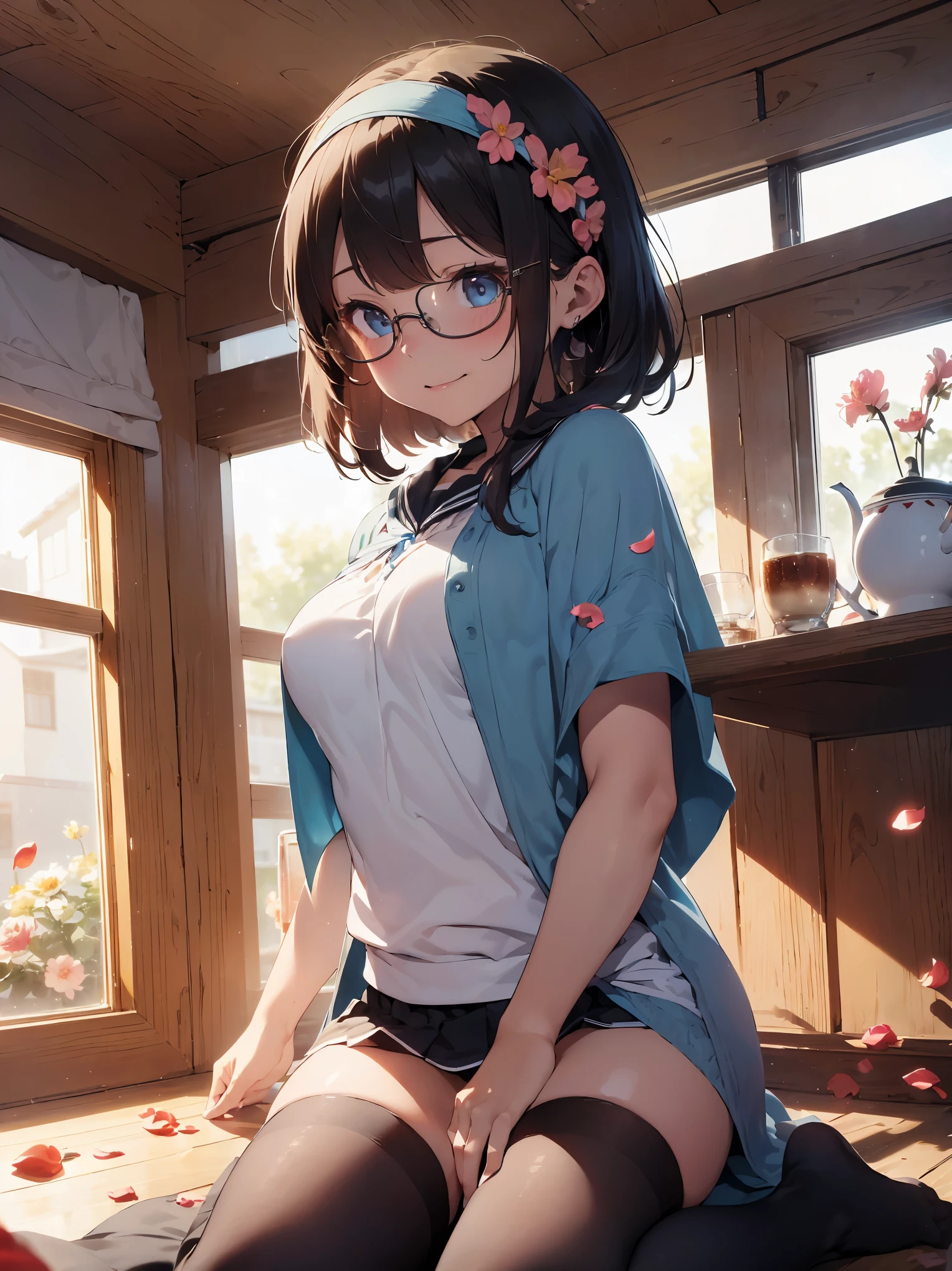 Zenno Rob Roy\(Umamusume\), super detailed face, masterpiece, highest quality, light smile, blush, wave hands, ((super detailed face)), slender girl, whole body, (((In underwear))),horse tail, light smile, fine and clear eyes,Glasses (big breasts),bra,panties,