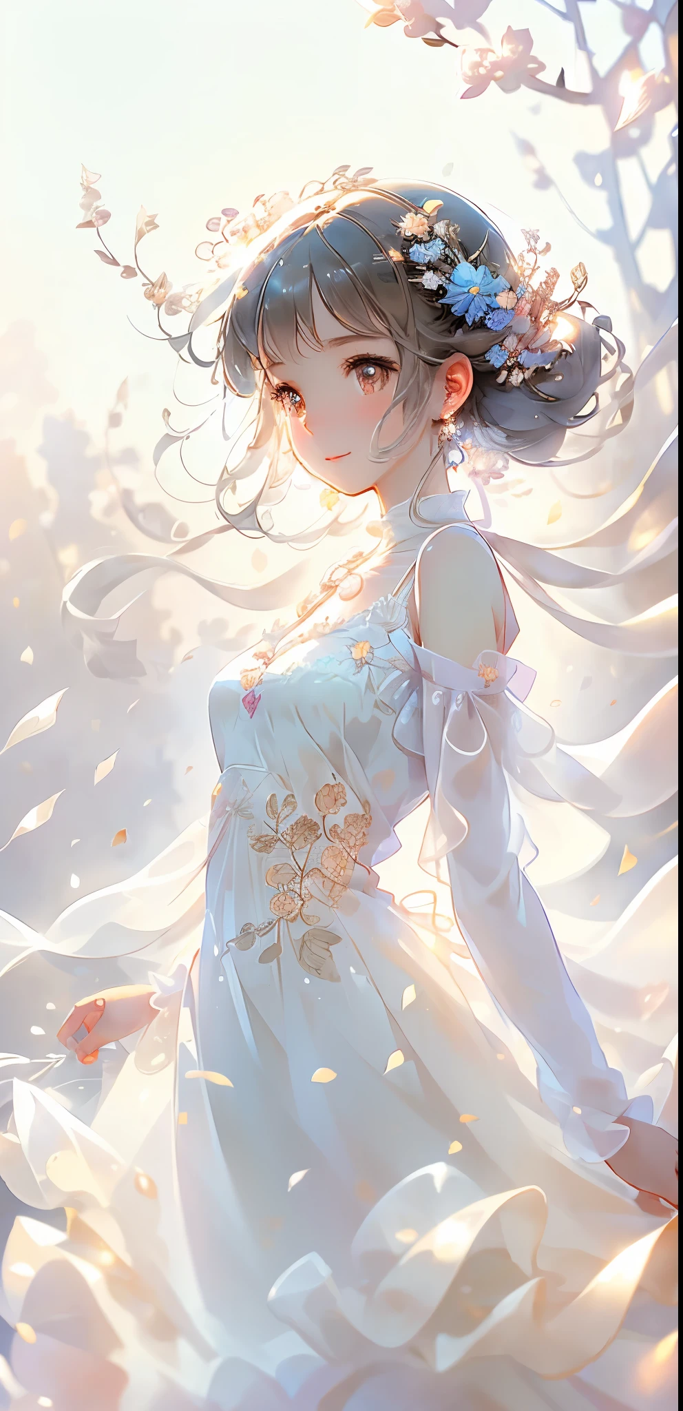 Art by Cornflower, Dreamy, (Perfect Depth of Field:1.1), Dainty, Girl, Detailed Eyes, Lens Flares, Side Breasts (2), Soggy Dress, Pastel Colors, Delicate Petals, Soft Textures, Gentle Breeze, Sunlit Rays, Wistful Expression, Cheeky Smile, Aspen Gold Autumn, Canvas Texture, Palette Knife Brush Strokes, Flowing Hair, Serene Environment, Ethereal Atmosphere, Glowing Aura, Soft Lighting, Blurred Background, Whimsical, Fun, Joyful, imaginative, Art
