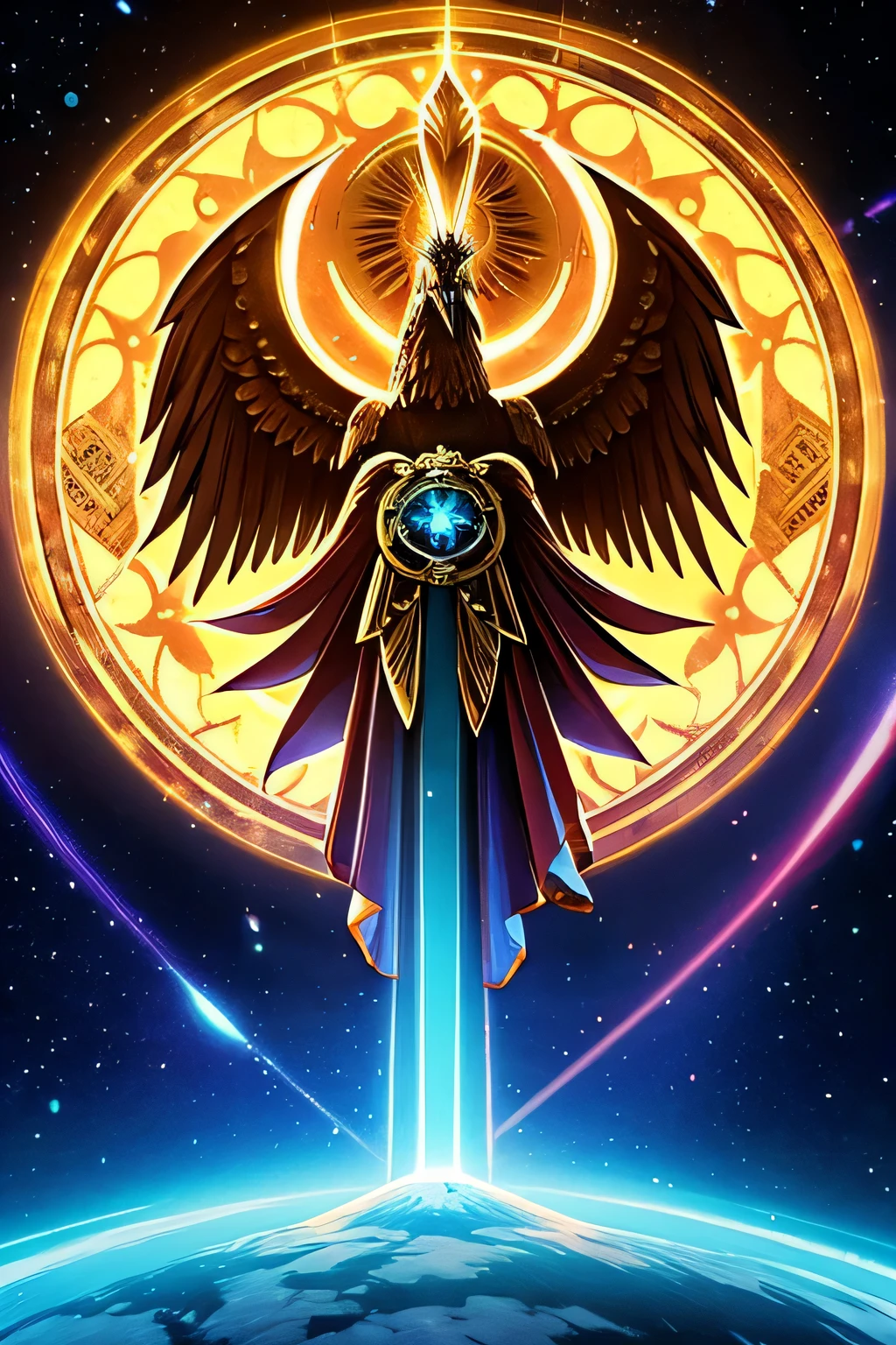 dibujo anime, Phoenix, cubierta de llamas, fondo bolcanico, ccontra luz celestial. alta resolucion