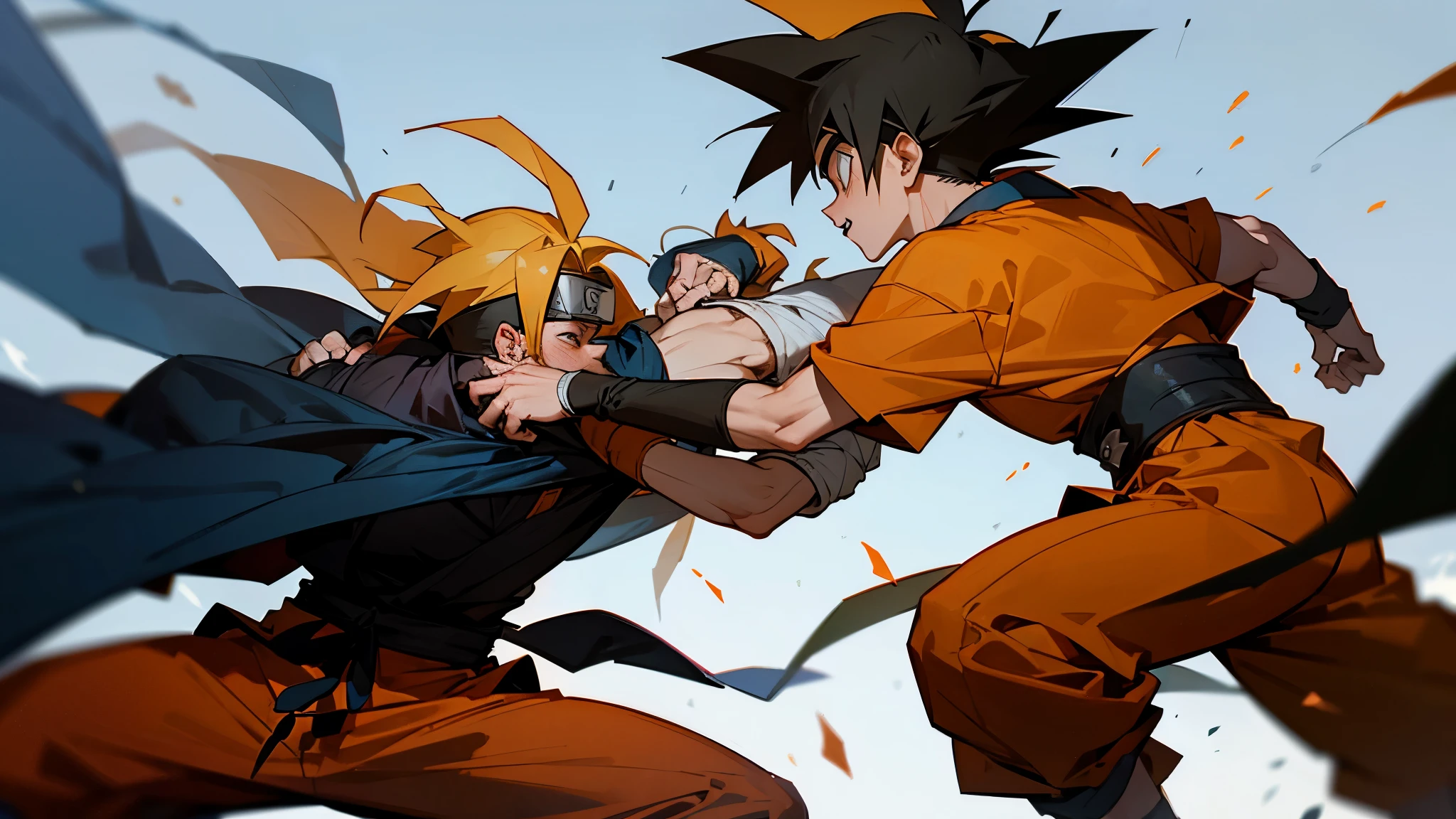 Naruto and goku hugging during a battle, Various background fighting and spells
