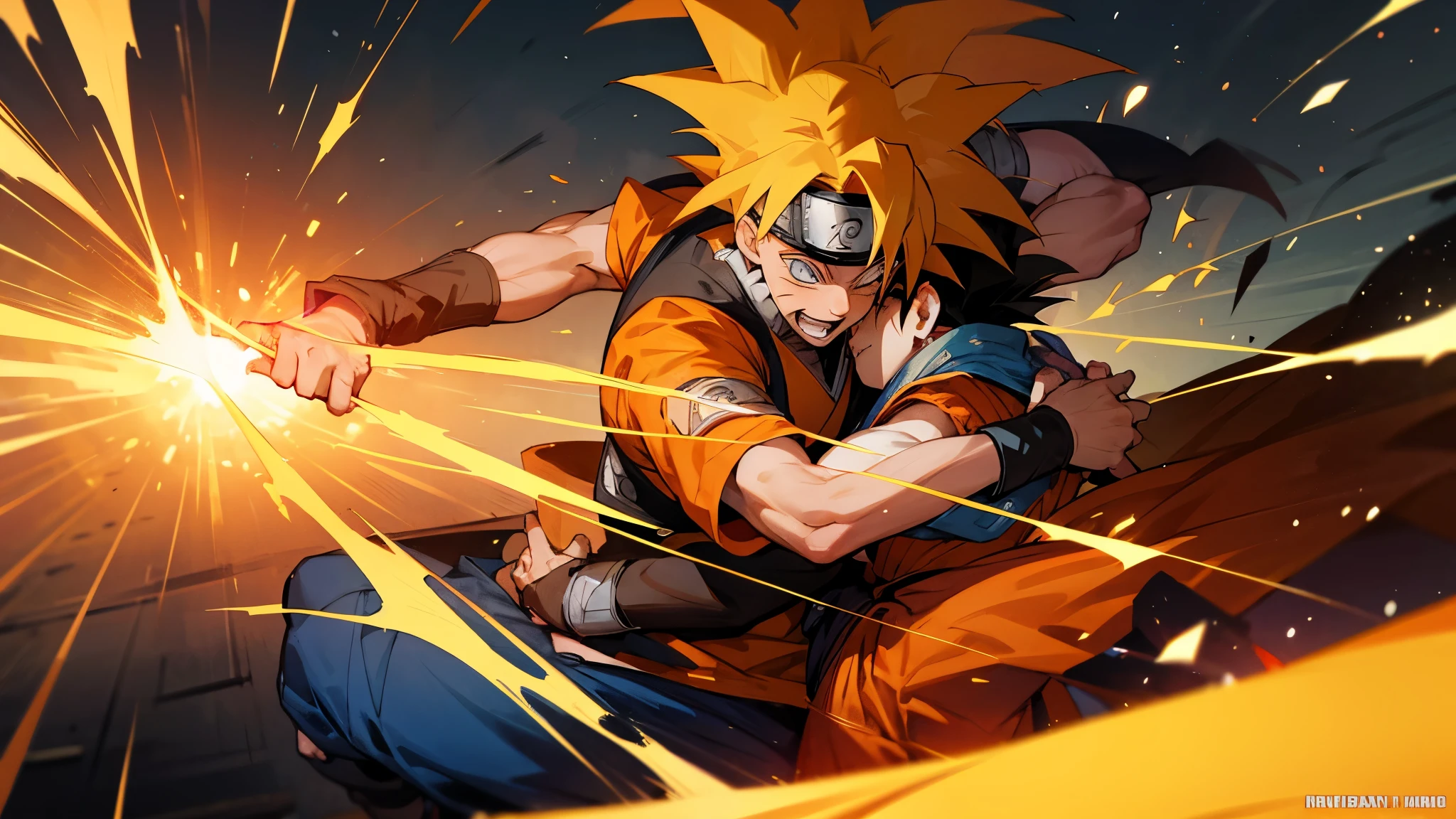 Naruto and goku hugging during a battle, Various background fighting and spells