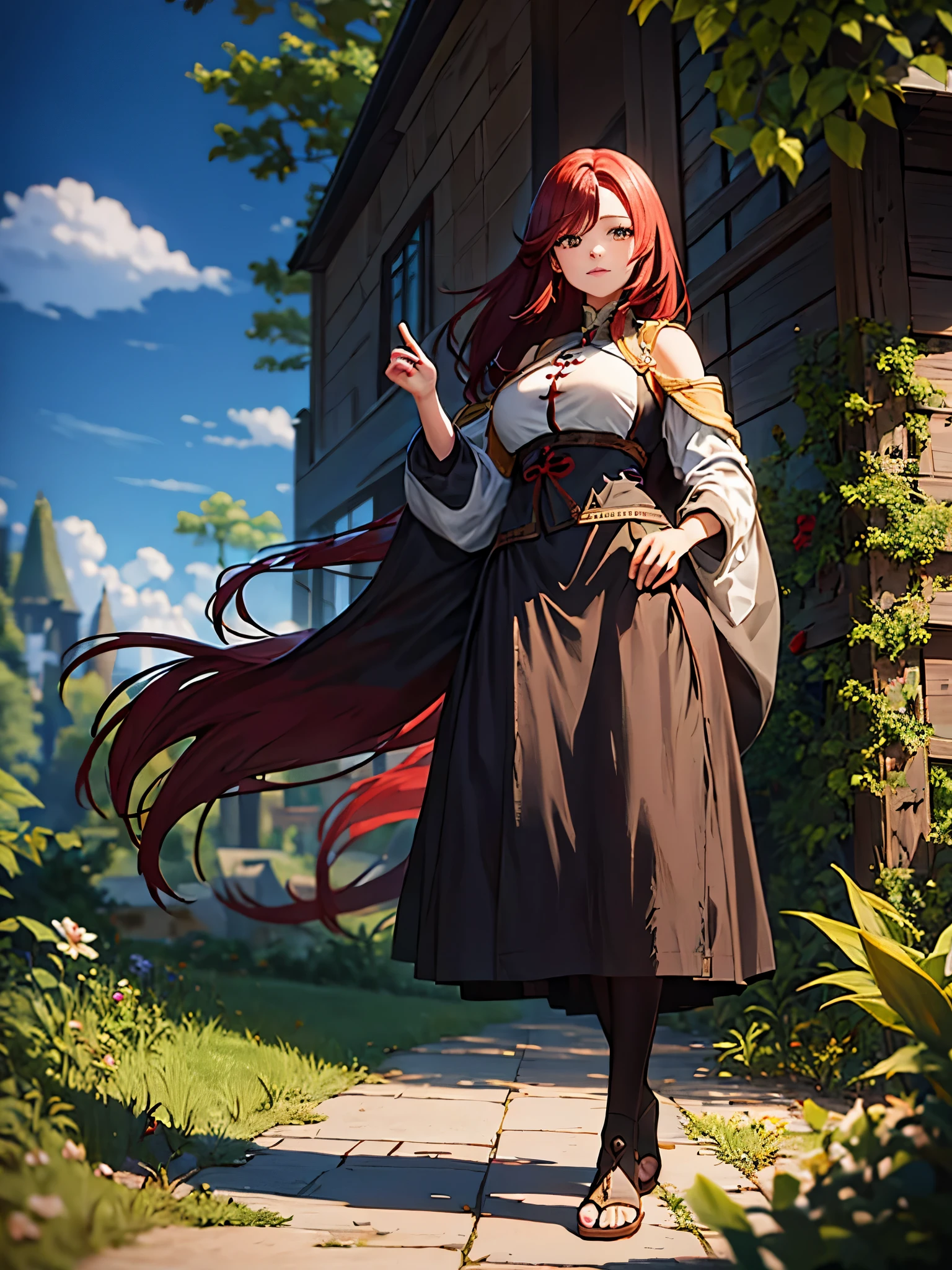 A 20-year-old girl with red hair, gray eyes, a witch herbalist in medieval clothes without a hat, full-length