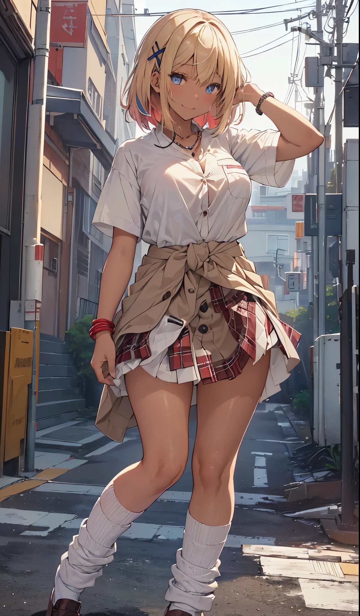 character focus、From above(school uniform:1.3), (Plain beige clothes around the waist:1.5), (waist knot:1.3), (white collared-shirt:1.4), ((white collar, unbutton, short sleeve):1.2), (Red Plaid Pleated Skirt:1.3), ((necklace, colorful bracelet, ×hair ornament):1.2),
Super detailed、(8K, Raw photo, highest quality, masterpiece:1.2), (extremely detailed 8K wallpaper),figure、professional lighting,sharp focus, Depth of the bounds written、
NSFW、clear eyes、perfect anatomy、with a girl、15 year old student、Black gal(dark skin:1.2)、smile、plump thighs、huge tit、fully exposed、big breasts,(gap between buttons:1.4)、lift skirt、blue eyes、blonde、(compensate:1.1)、(loose socks below the knee:1.2)、Are standing、in the street