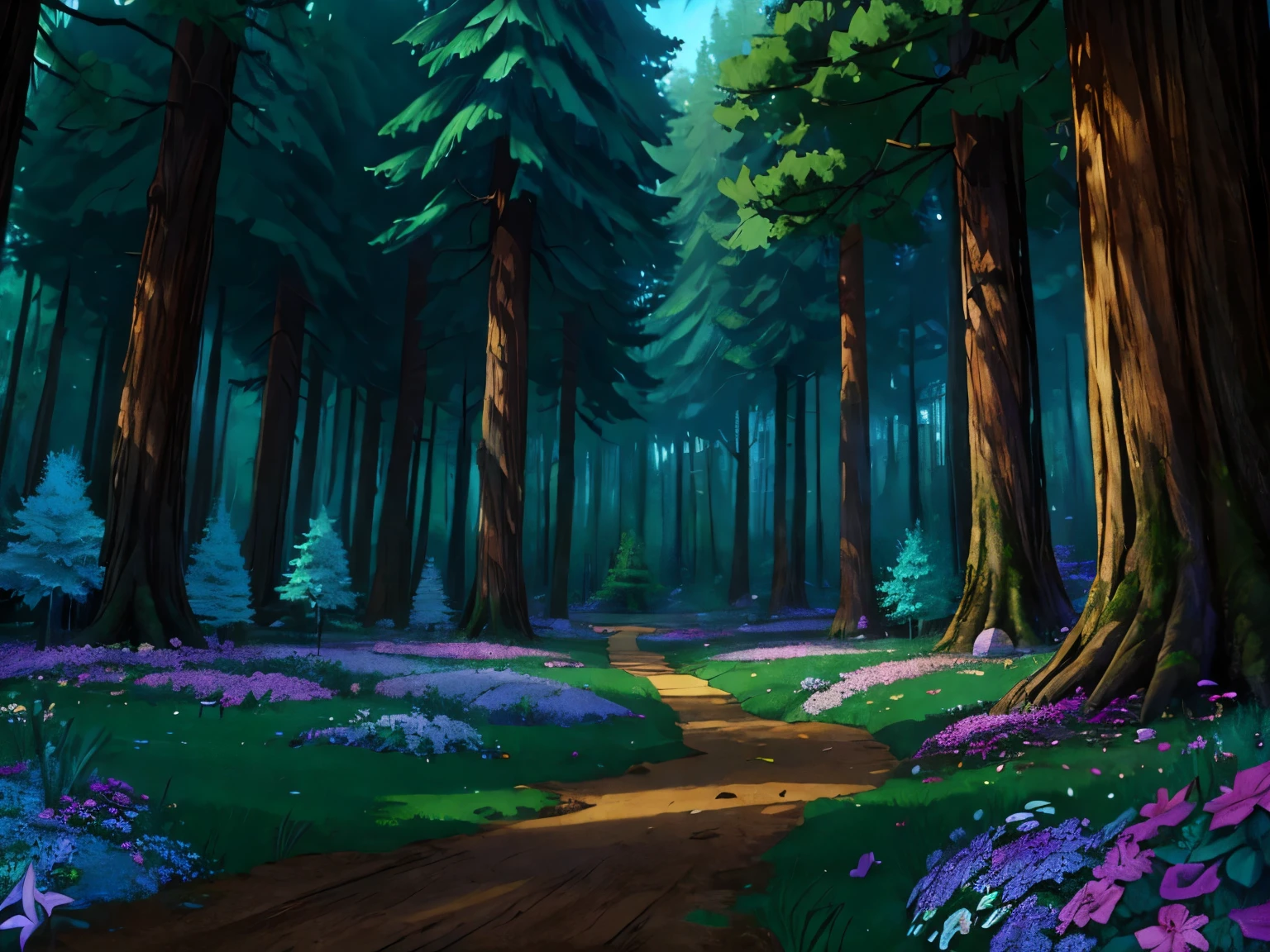a dense fantasy forest with glowing crystals growing from the ground, the trees have very tall canopies, there is a large clearing in the center