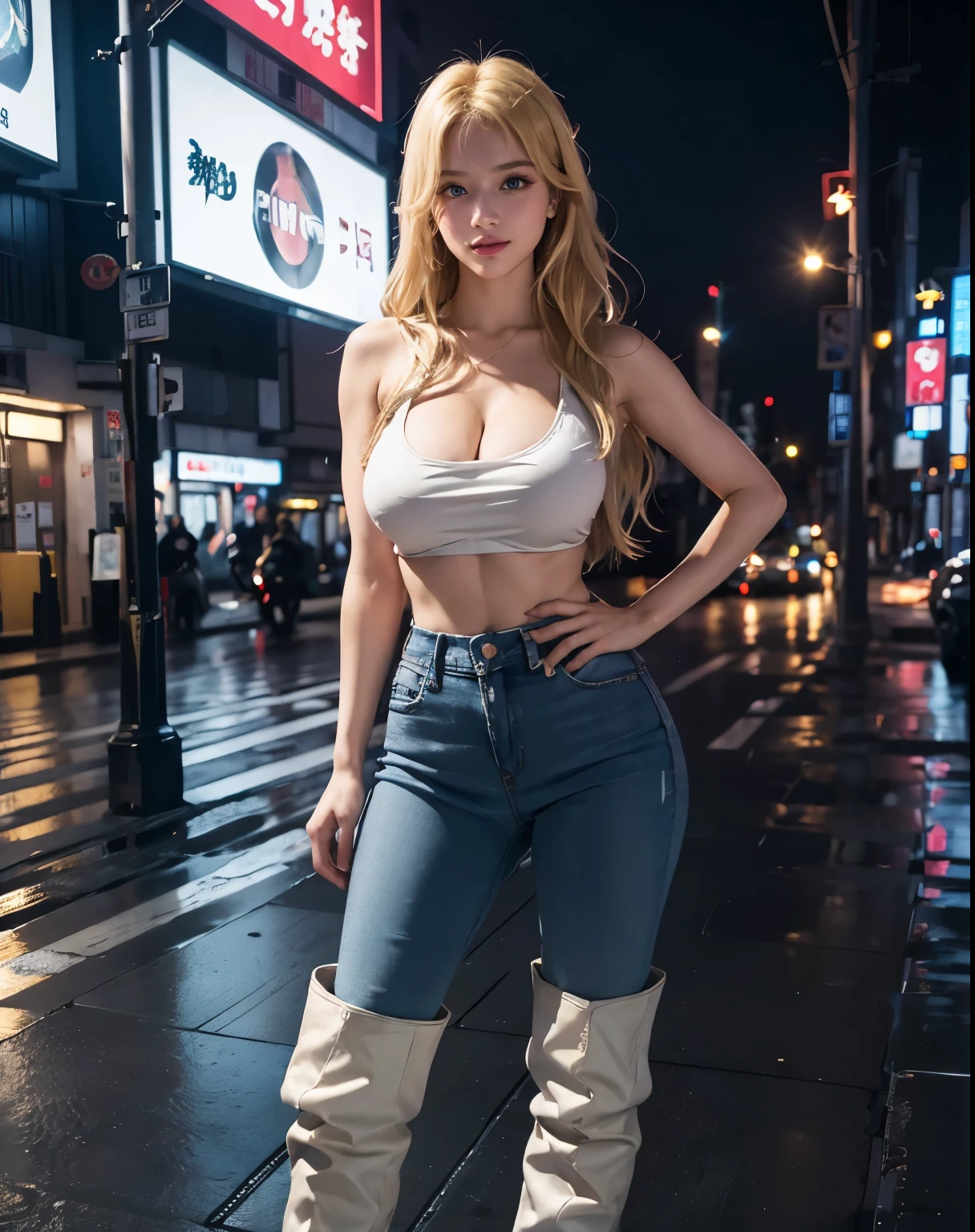 1girl, (Blue Eyes), (smiling), (Sana Minatozaki), wide hips, Big tits, big ass, (Best Quality, 8k, Masterpiece: 1.3), Clear Focus: 1.2, Perfect Body Beauty: 1.4, Highly detailed face and skin texture, detailed eyes, double eyelids, (blond long hair behind the ear :1.3), (cleavage tanktop), (jeans), ((long boots)), standing, dynamic pose, in the shibuya neighborhood at night, tokyo at night