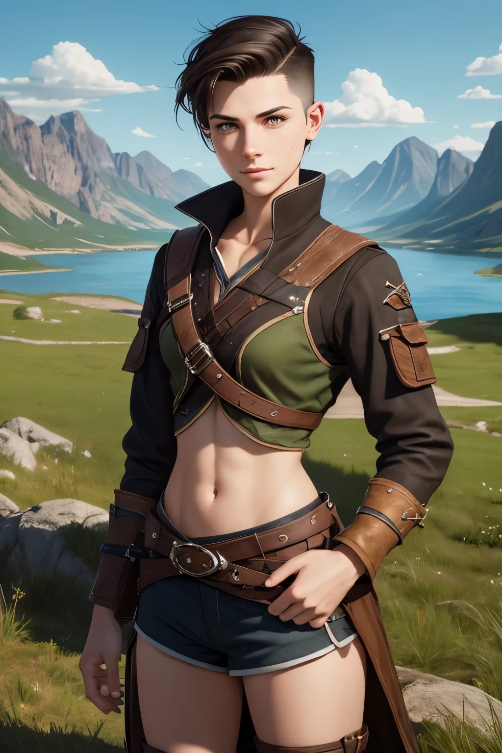 A happy young woman with an undercut in a fantasy setting. An adventurer and ranger. Very androgynous looking. In a good mood. Sympathic. Tomboyish. Androgynous. Slim body. Very . Very small breasts. Wide hips. Thick legs. Face: Extremly pale skin with liverspots and freckles. Soft narrow face with a round chin. Soft small jaw. Big forehead. Very thin barely visible eyebrows. Upturned big dark-brown eyes. Dark-brown eyecolour. Very long and wide nose. Big curved lips. Very short dark-brown hair. A boyish short haircut. Undercut. Sides shaved. A tight fantasy outfit of a lonley ranger and adventuerer. Background: Wide colourful plains. Green grass. A big lake. Shiny blue sky. Wonderful weather. Sense of wideness and freedom.