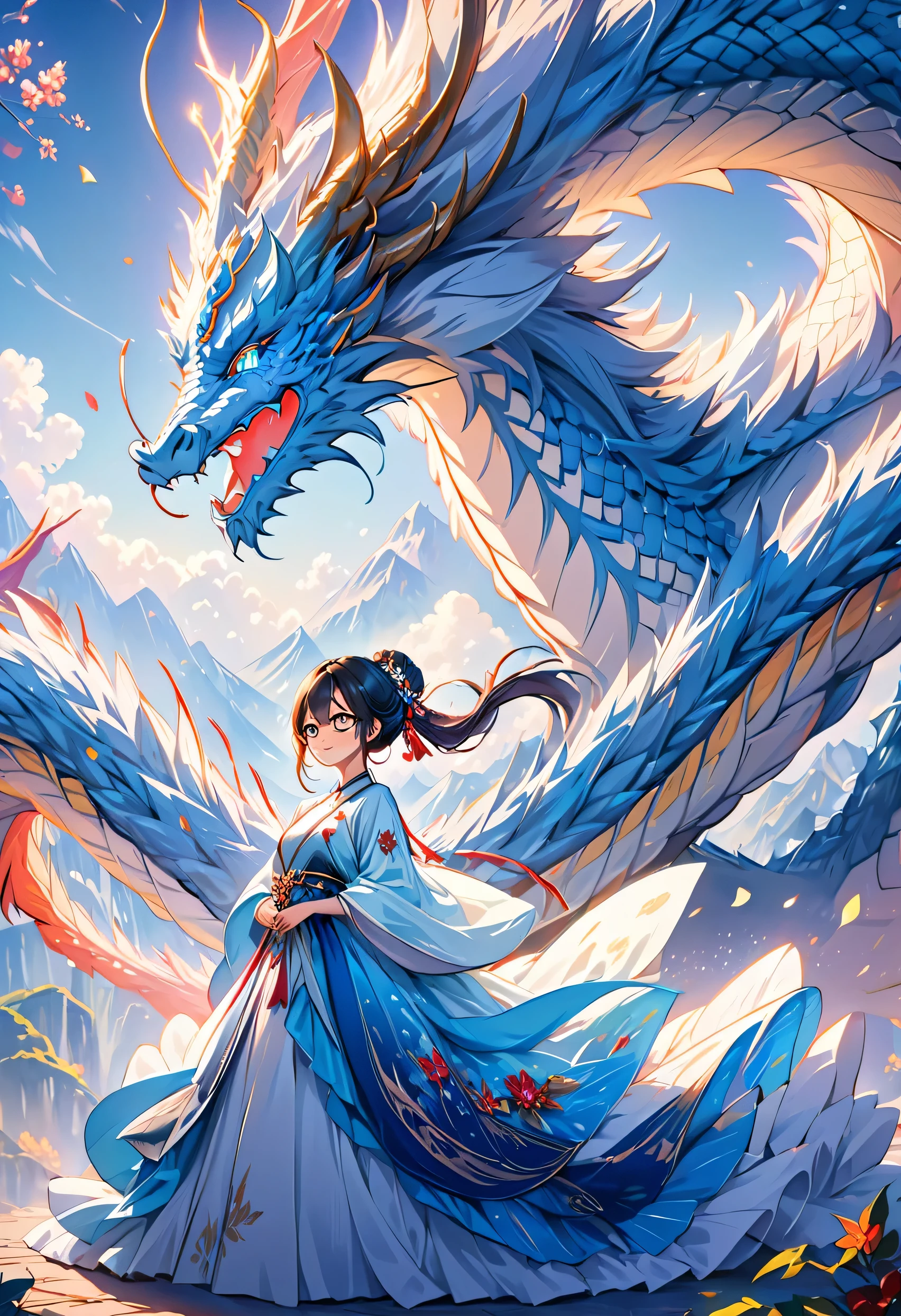In the heart of a mysterious land, A cute girl in beautiful colorful glasses is staring at a magnificent dragon. The lighting is very detailed、Rendered in 8K。, Bringing out the best in each scale of the dragon's body. The dragon's vibrant colors and intricate details shine under cinematic lighting, Create a fantastic atmosphere.
girl is long, an asymmetric chignon、It contrasts beautifully with the beautiful blue gradation hair., Add depth and dimension to a scene. her smile is strangely enchanting, and she wears a magical costume. highly detailed dress, Consists of beautiful blue and gradation color layers, flowing elegantly around her figure