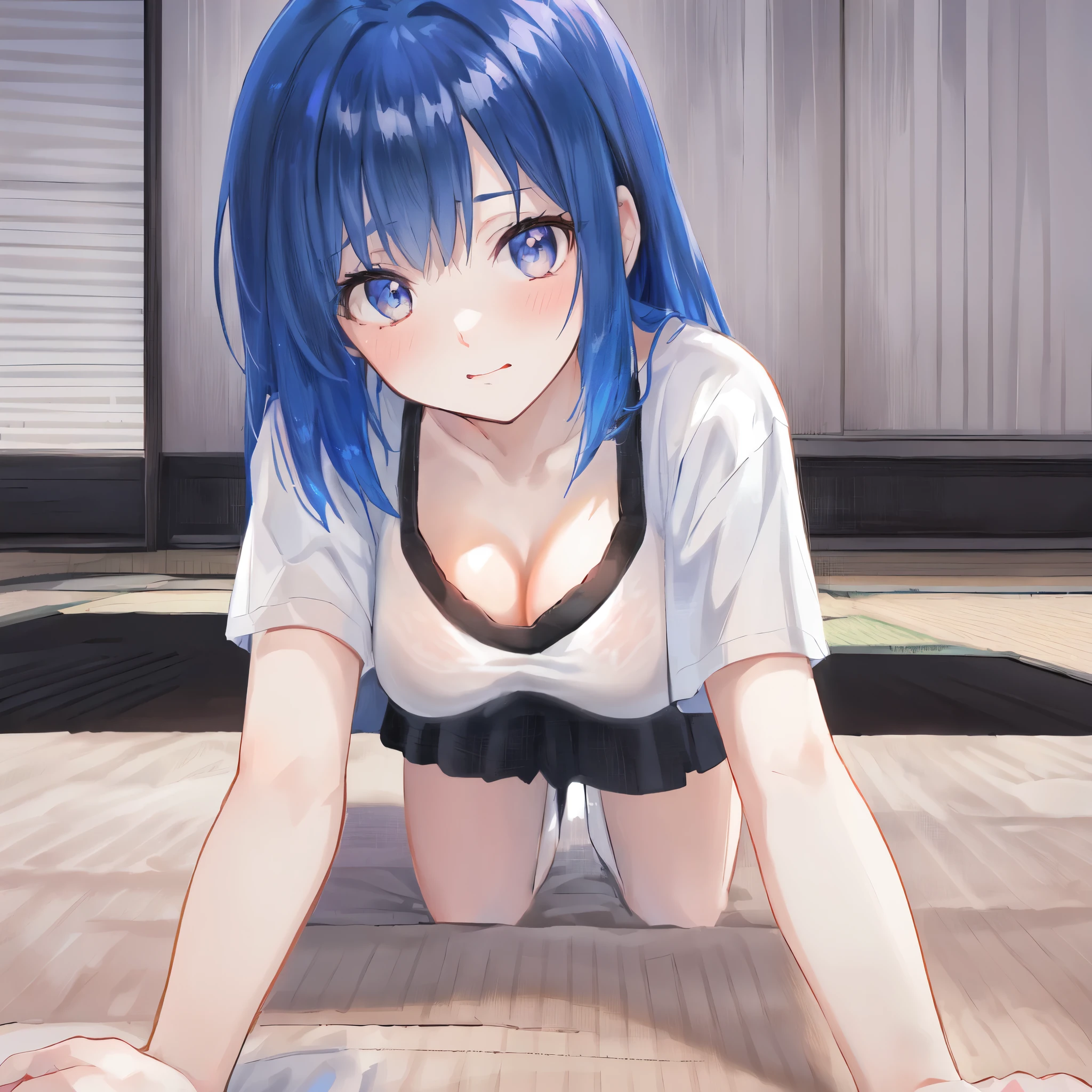 {{{dynamic angle}}},{{{beautiful large breasts 1:4}}},{{{{masterpiece,best quality,illustration}}},{{beautiful eye1:4}},tatami,{{Cleavage visible through a white T-shirt}},{{leaning forward}},crawl on all fours,{{{beautiful large breasts 1:4}}},cleavage,look away,medium ponytail hair,{{{beautiful large breasts 1:4}}},high school girl,medium hair,,shyness,(Photoreal:1.4),{{calf white socks}},{{thin and beautiful eyes}},{{wide angle}},{{blue hair}},{{{white dress shirt,blue black blazer,}}},{{{Actual photo 1:3}}},{{droopy eyes}},{{100 layers}},{{high quality eyes}},{{middle hair}},{{Calf Socks}}, {{asymmetrical bangs}},{{amount}},super dense skin,thin eyebrows