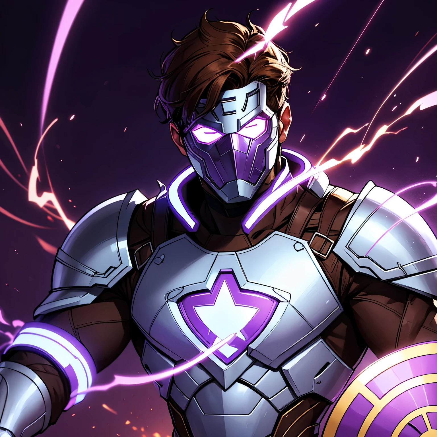 A superhero who wears a mask which only leaves his brown hair exposed and its lens is glowing, his armour is of purplecolour and white outlines.