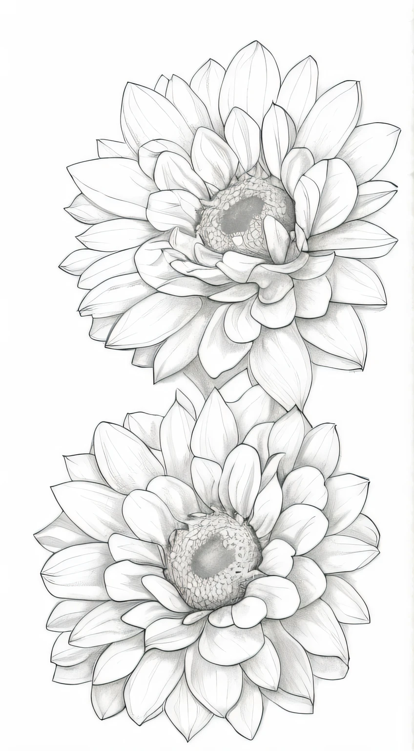 a drawing of two sunflowers with leaves on a white background, line drawing tattoos, line work, perfect pen and ink line art, higly detailed black ink outline, detailed flowers, highly detailed linework, perfectly detailed linework, black ink line art, extremely detailed linework, detailed linework, detailed line work, extremely fine ink lineart, outline sketch