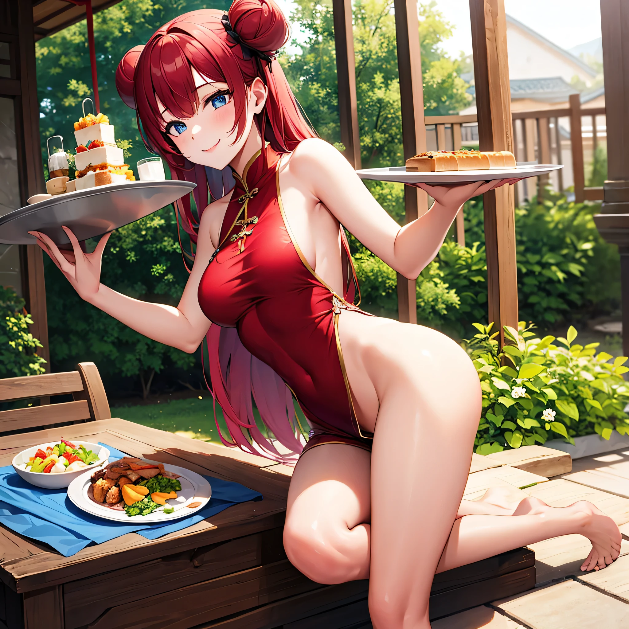 young girl, Long red hair, Two buns, smile, blue eyes, Chinese sleeveless dress, Shorts, A tray of food, Masterpiece, hiquality, 70% nude, sex pose. nsfw