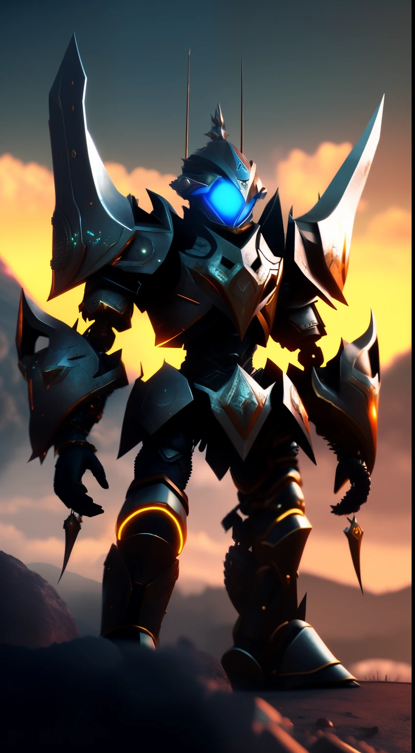 (masterpiece: 1.2), best quality, high resolution, Unity 8k wallpaper, (illustration: 1.0), beautiful and intricately detailed, extremely detailed textures and shading, perfect lighting illuminating every nook and cranny, intricately modeled armor plating with fake horns that emit a subtle, glowing aura, a full armor set with helmet and mask, a sample background featuring a dramatic, ominous landscape, a weapon of unknown origin at the ready, a solitary, humanoid robot figure with glowing eyes and backlit by the setting sun, looking directly at the viewer with a piercing gaze.