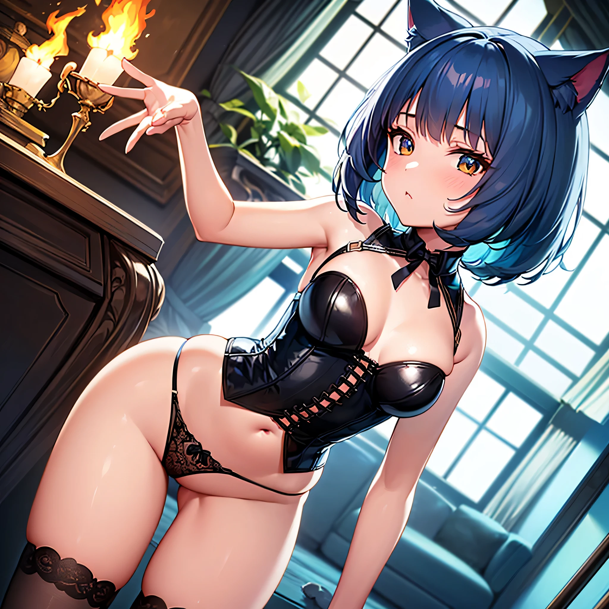 Intricate details: "((a sexy animated lady poses in revealing translucent clothes while in fire-lit fantasy setting, firm breasts, 1girl 18 years old, 100% see through all clothes, animal ears, short hair, see through panties, flat stomach, black panties, 100% see through all underwear, cat ears, looking at viewer, thighhighs, cleavage, corset, blue hair, string panties, 70% nude, random low angle))"nsfw