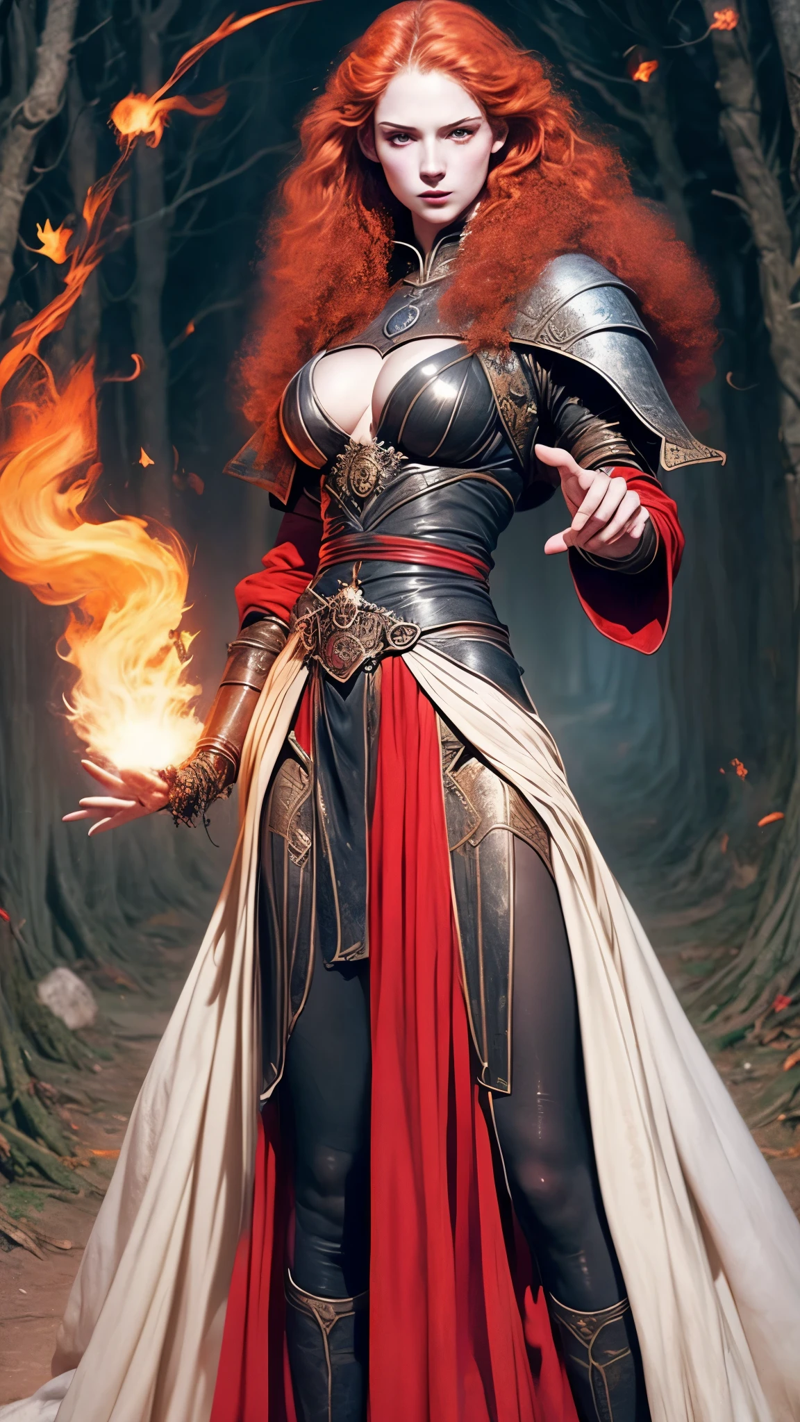 realistic,a young girl (16-) a sorceress, fiery red curly hair,freckles,sorceress's clothes (fantasy, acts of the 13th- 14th centuries),releases a fireball from her right palm forward towards the forest,mysticism, fantasy, witchcraft, rendering 8k, HDR, photorealism,furious gaze, fire attacks, cleavage, tearing mantle, (clothes) , scarlet cloak,fighting posture,cute face,pale white skin,