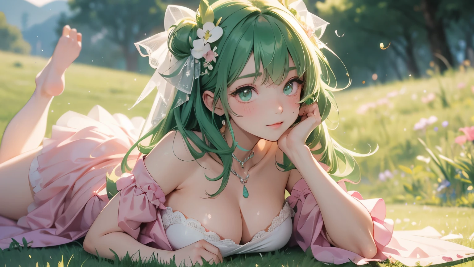 green hair beast girl, cute blushes girl, one girl, wedding dress, face on camera, tight shirt, show large chest, dark isekai, shy girl, pitiful face, face forward to camera, asking pose, pink cheeks, half body, body on big chain, smile, green eyes, no nails, pink blushes, lying on grass, very big breast, cleavage, wet breast, leg_up, peep, 8k, amazing details