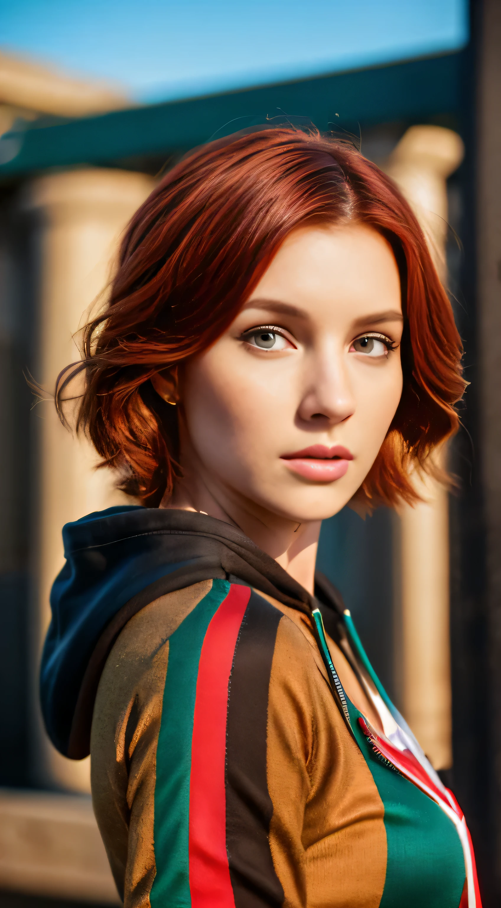 (realistic oil art, image up to the waist, 20-year-old princess, British, black eyes, vibrant look, redhead, short hair), ezio auditore tunic, hooded, black, brown, red details, ornaments, freckles on 10% of the cheekbone, perfect face, critical camera, blurred background, warm light, more details in clothing, strong leftovers, mystery pose