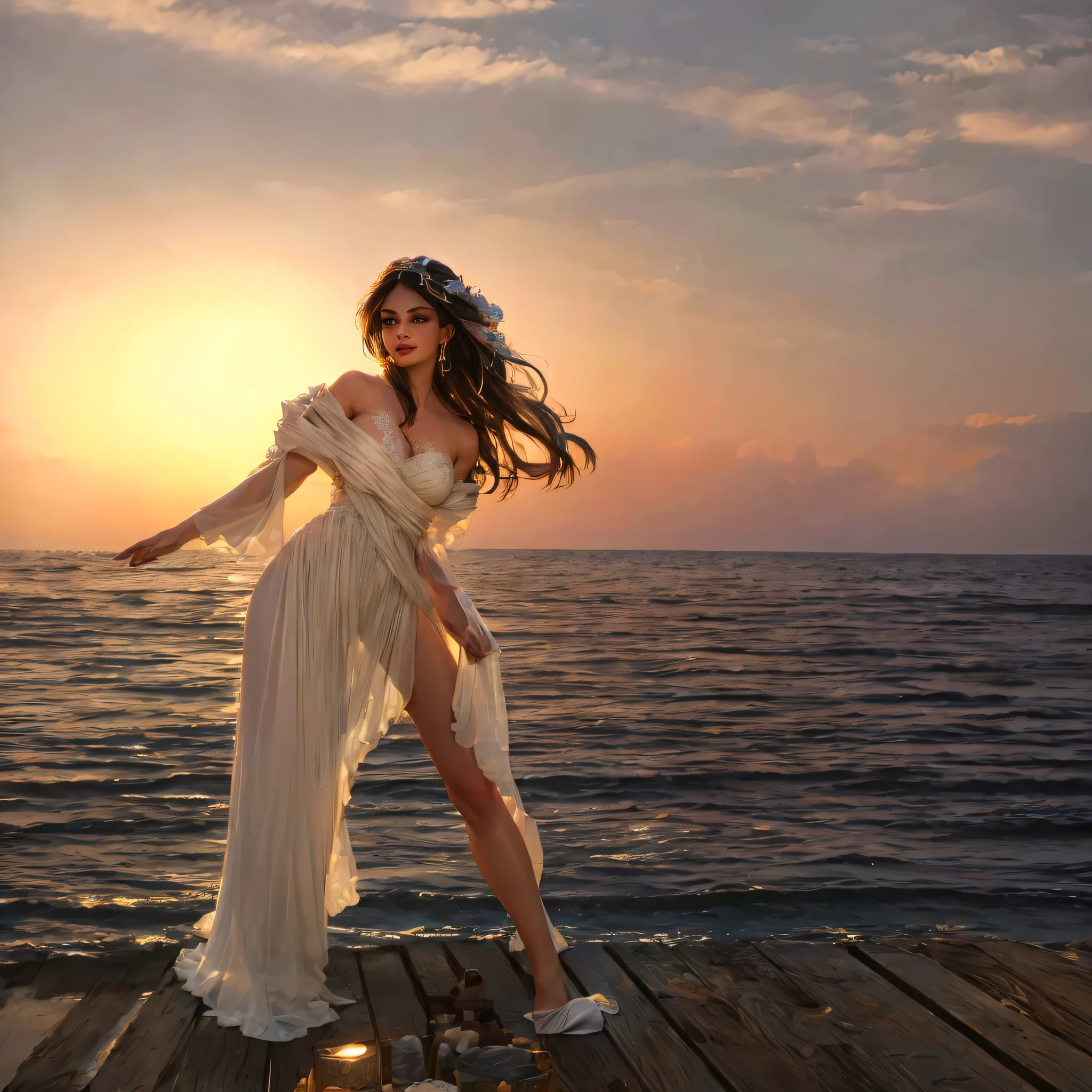 (bright lighting,romantic setting,very detailed face),bride captured, dreamy background,,soft skin,dark hair, mesmerizing gaze, , soft skin, alluring beauty, artistic portrait, high-quality image, vibrant colors, translucent long silk gown, bridal, smile, long veil, very detailed face