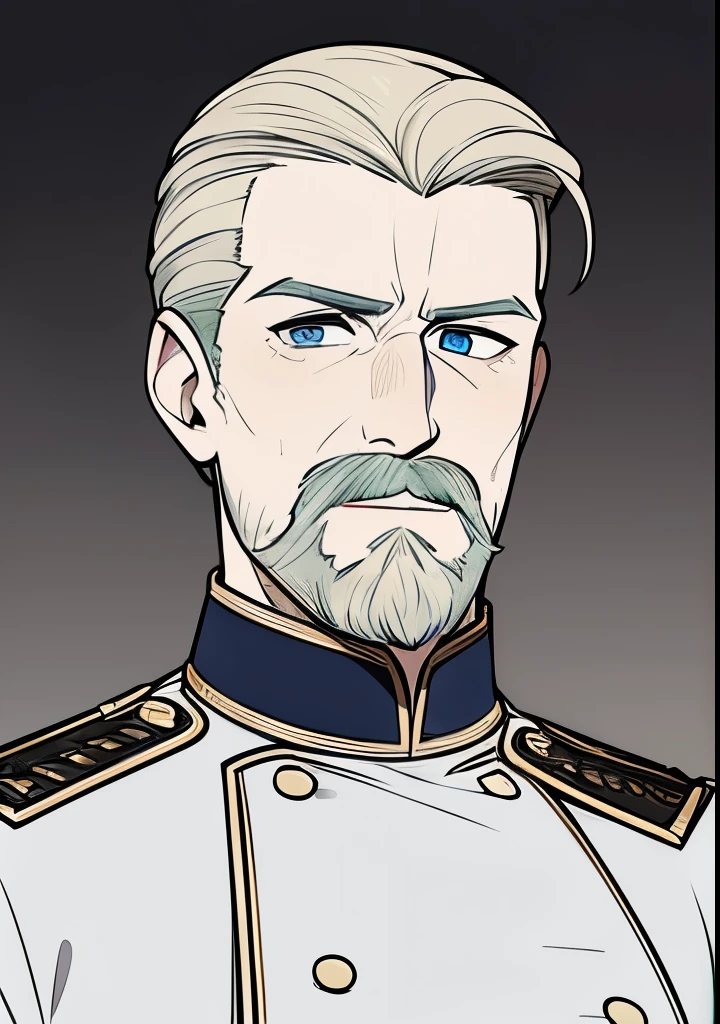 Adult male, white and tender skin, pale blonde slicked back combed short hair, kaisermustache and a ducktail beard, steel blue eyes, green and slightly mature, serious and emotionless facial expression,wearing world war 2 era german fatigues, portrait style, facing forwards