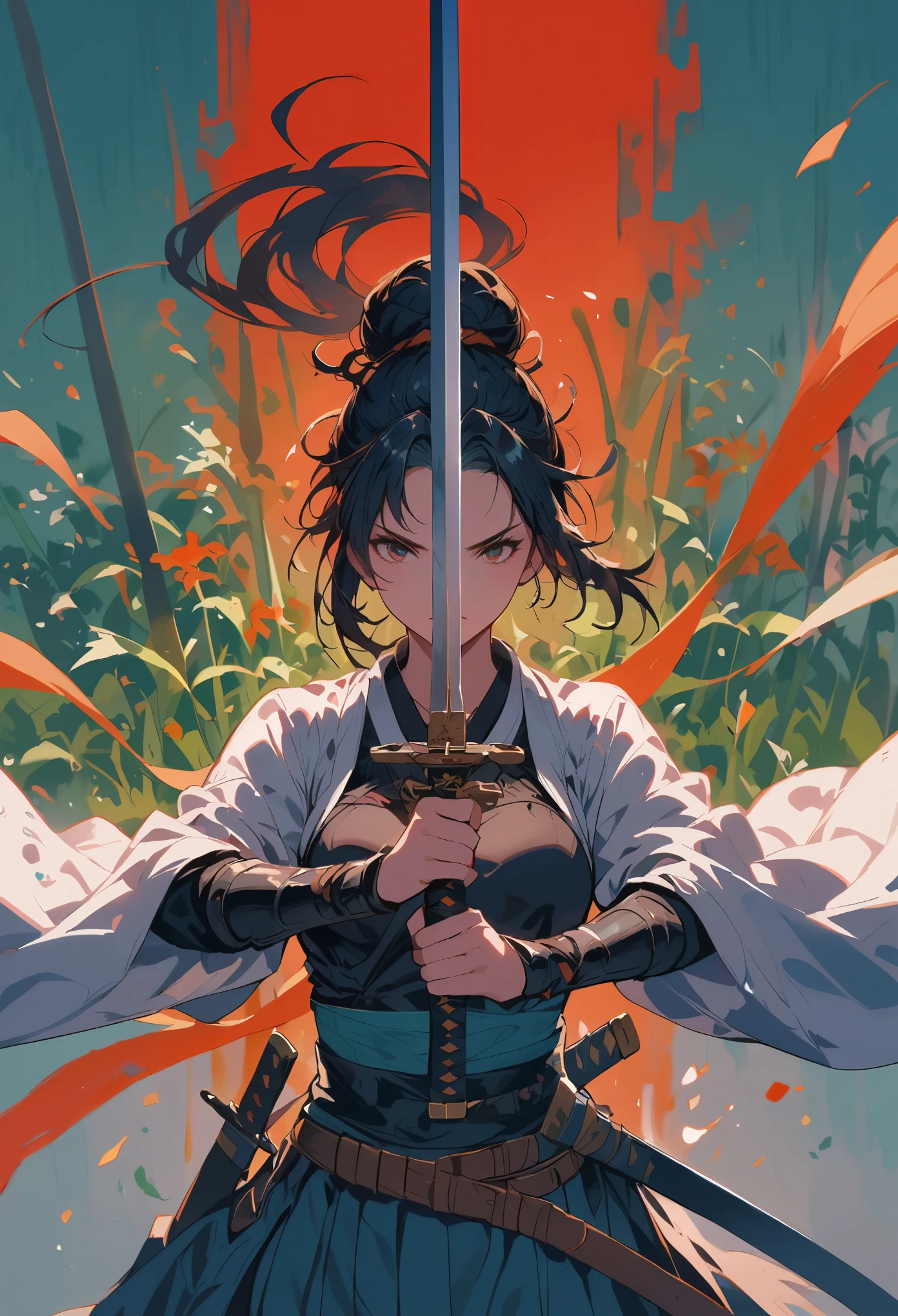swordsman,1girl,black hair,grass,hair bun,holding sword,holding weapon,katana,solo,sword,weapon,holding sword with both hands,sword focus