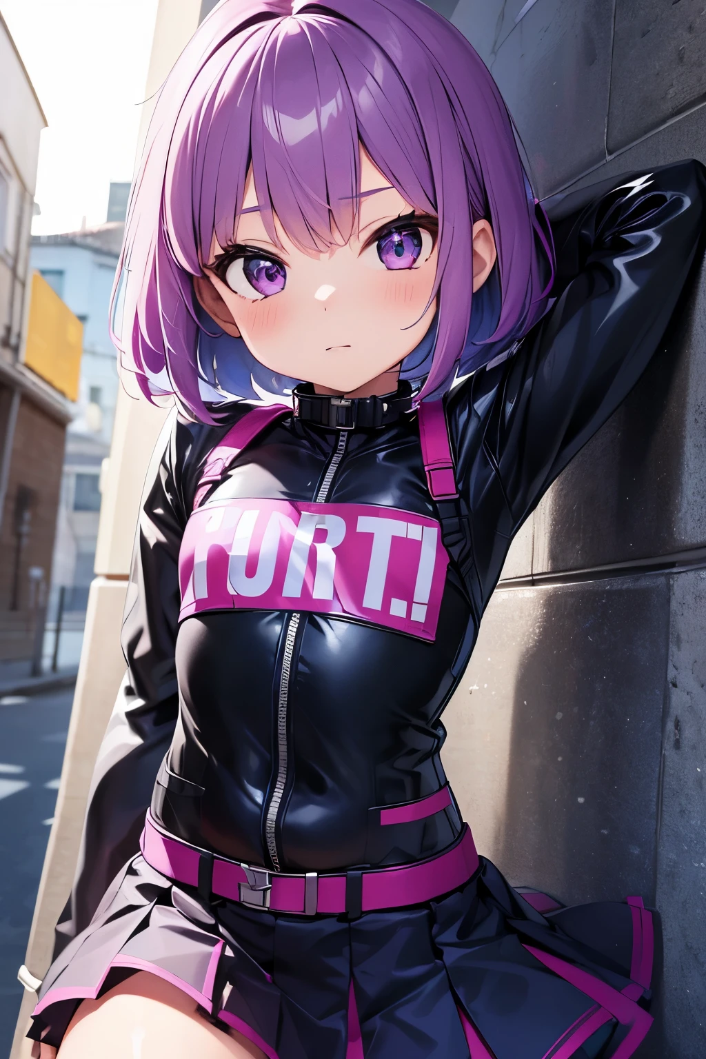 Ultra detailed,   girl 8 years old,  childshi body  , short purple  hair frinje , hero  mask , uniform hero kevlar latex  , colete aprova  de  balas  , cinto-de-utilidades,  skirt  , botas militares. 