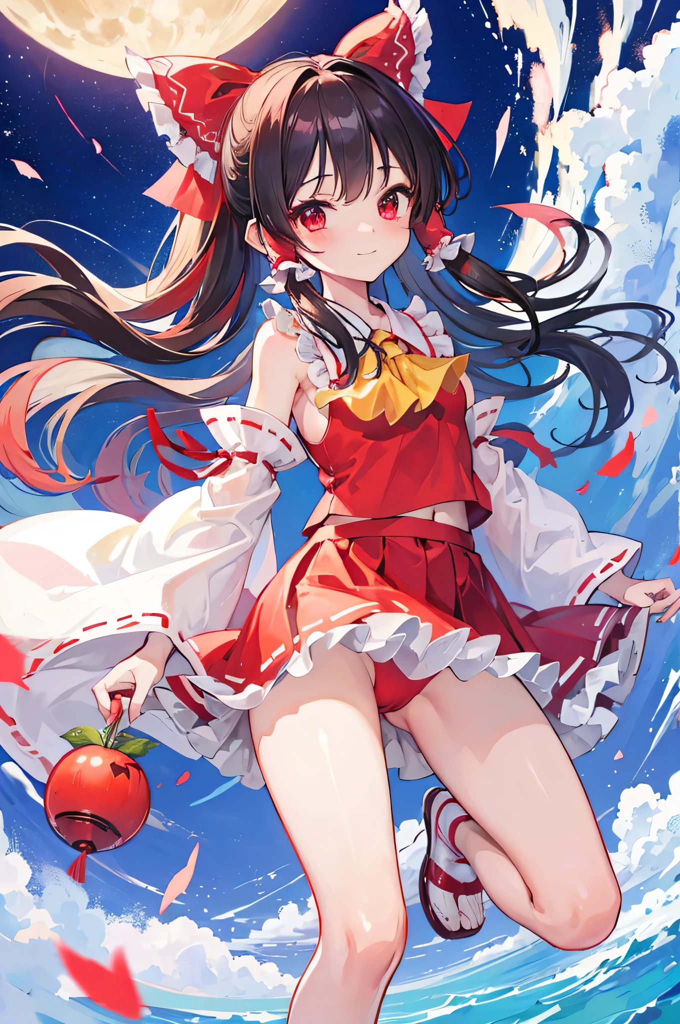 High resolution high quality reimu hakurei cheeks are red smile Show from head to thigh small breasts small ass thin legs midnight natural starry sky Normal attire Angle from above